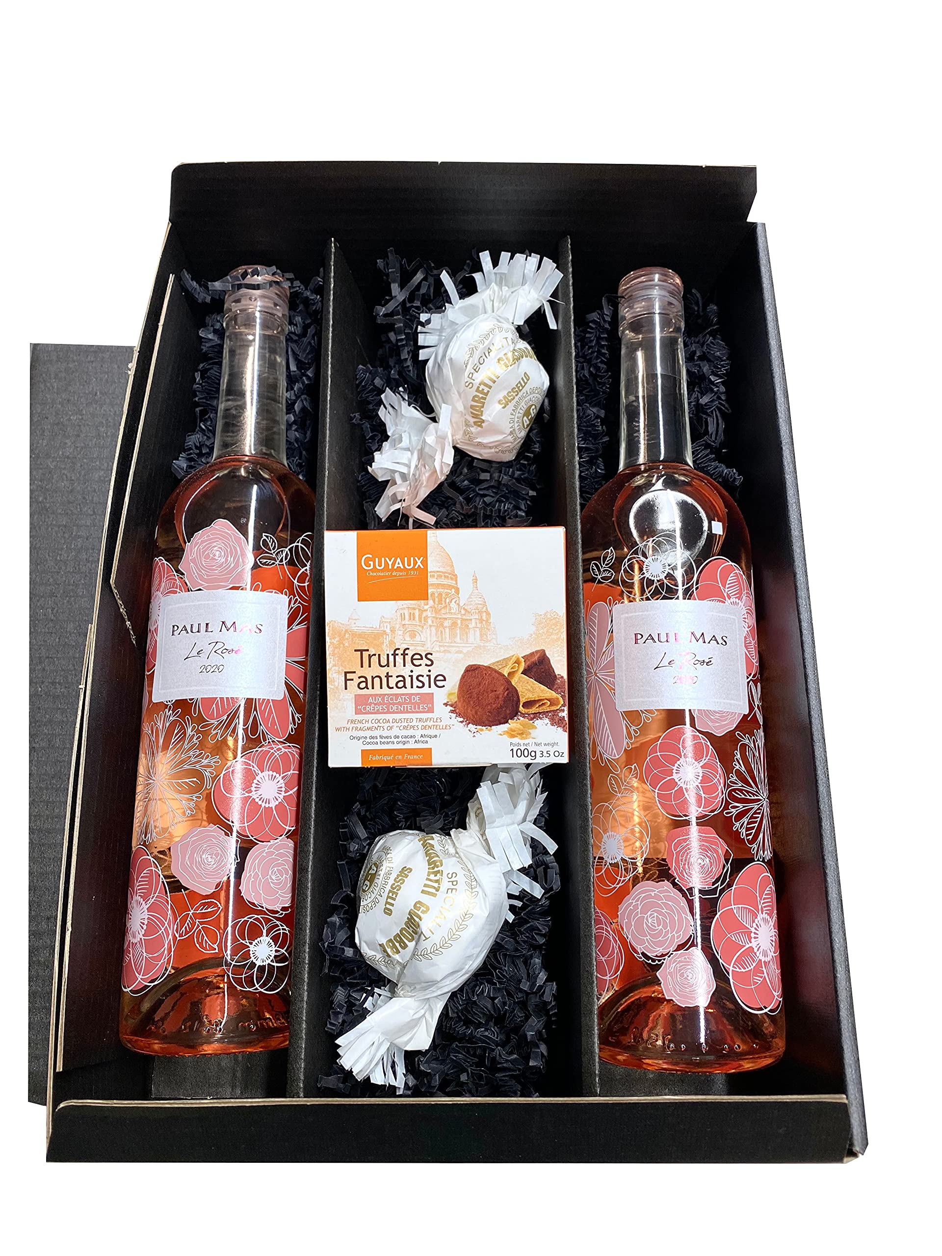 Geschenkset Roséwein mit Schokoladentrüffel und Amaretti