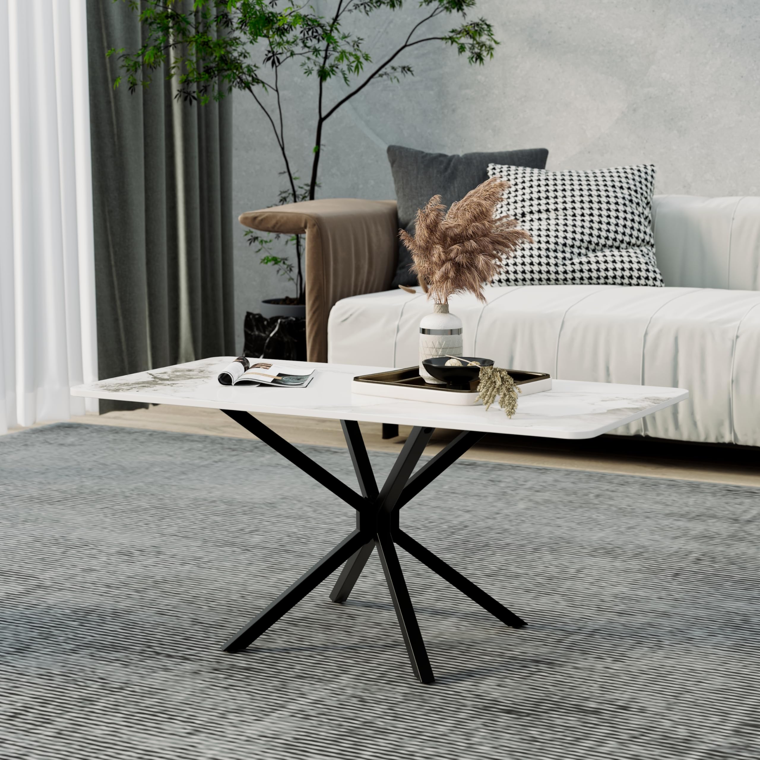 White Marble Coffee Table Modern 40 Inch Living Room Table with Rectangle Sintered Stone Top and Black Metal