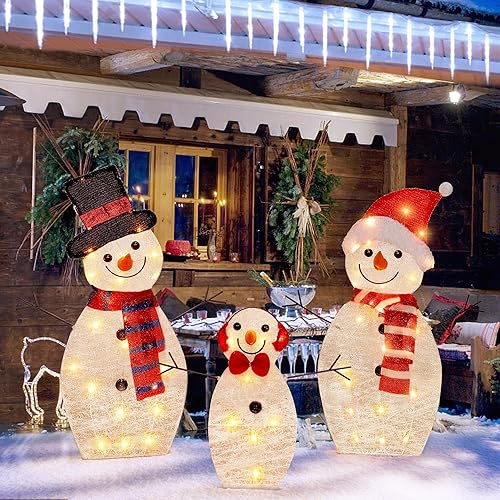 Miniatura 5 de ATDAWN Familia de muñecos de nieve iluminados preiluminados, 60 luces plegables de Navidad, decoración al aire libre, muñeco de nieve iluminado para