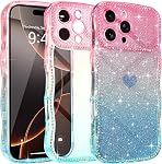 LAPOPNUT for iPhone 16 Case Sparkly Bling Glitter Cute Curly Wave Frame Bumper Cover for Women Girls Translucent Silicone Bumper Shockproof Phone Case for iPhone 16 6.1 Inch,Pink