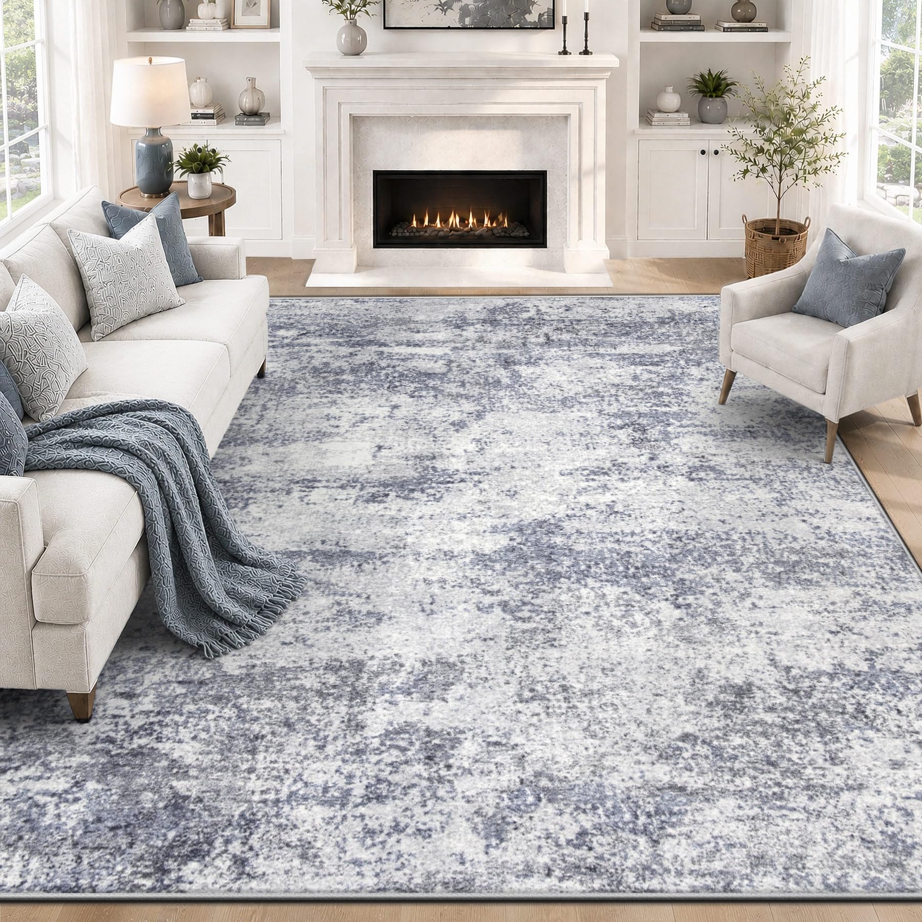 Modern Abstract Blue Grey Area Rug 8x10