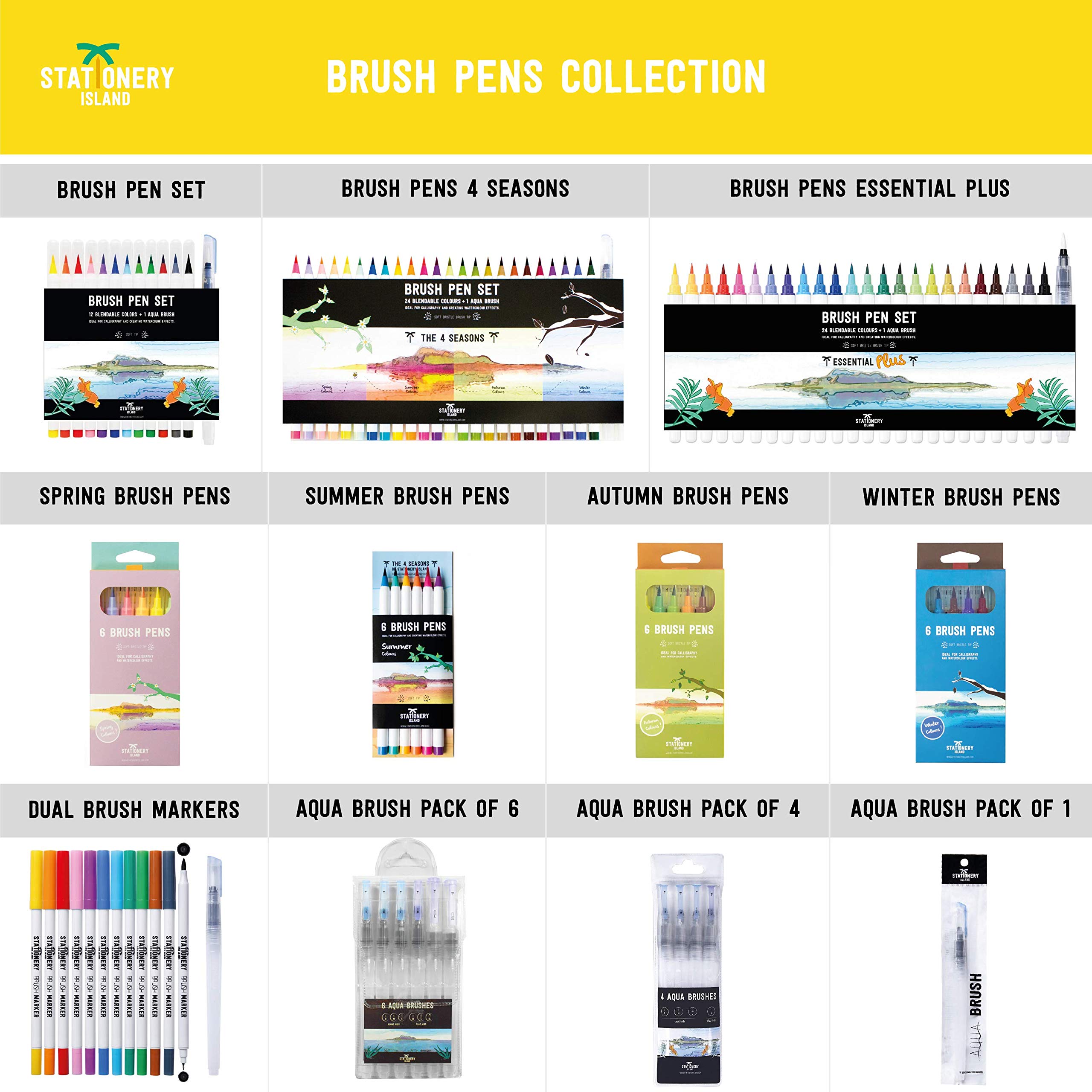 Stationery Island Brush Pens Essential Colours Set of 24 & Aqua Brush Flexible Tip