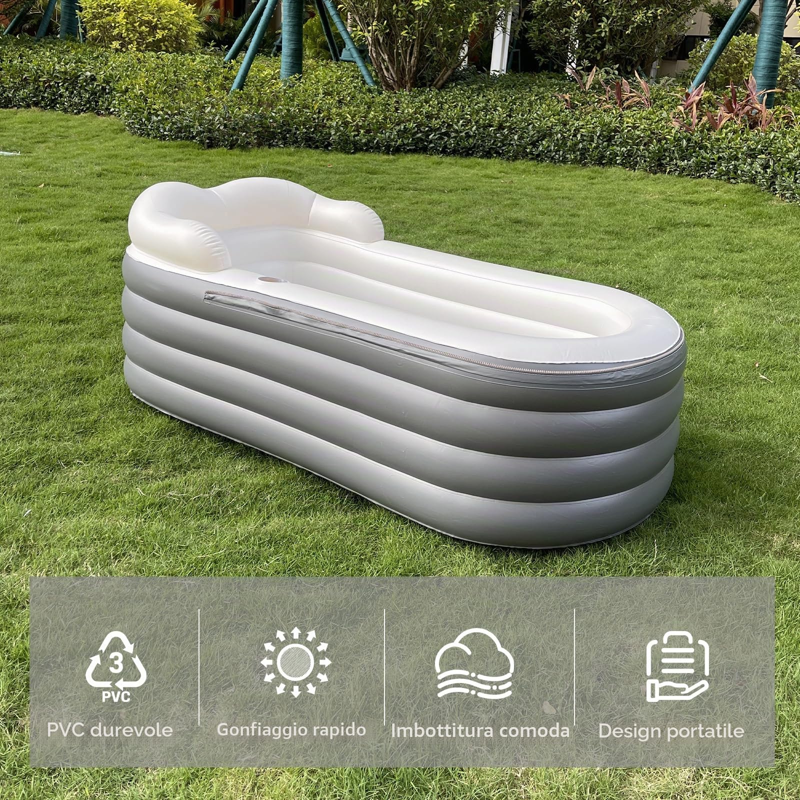 Vasca da bagno gonfiabile per adulti, grande vasca da bagno portatile, spa, ammollo con chiusura lampo, progettata con poggiatesta, portabevande (Grigio Scuro,168x76x68cm)
