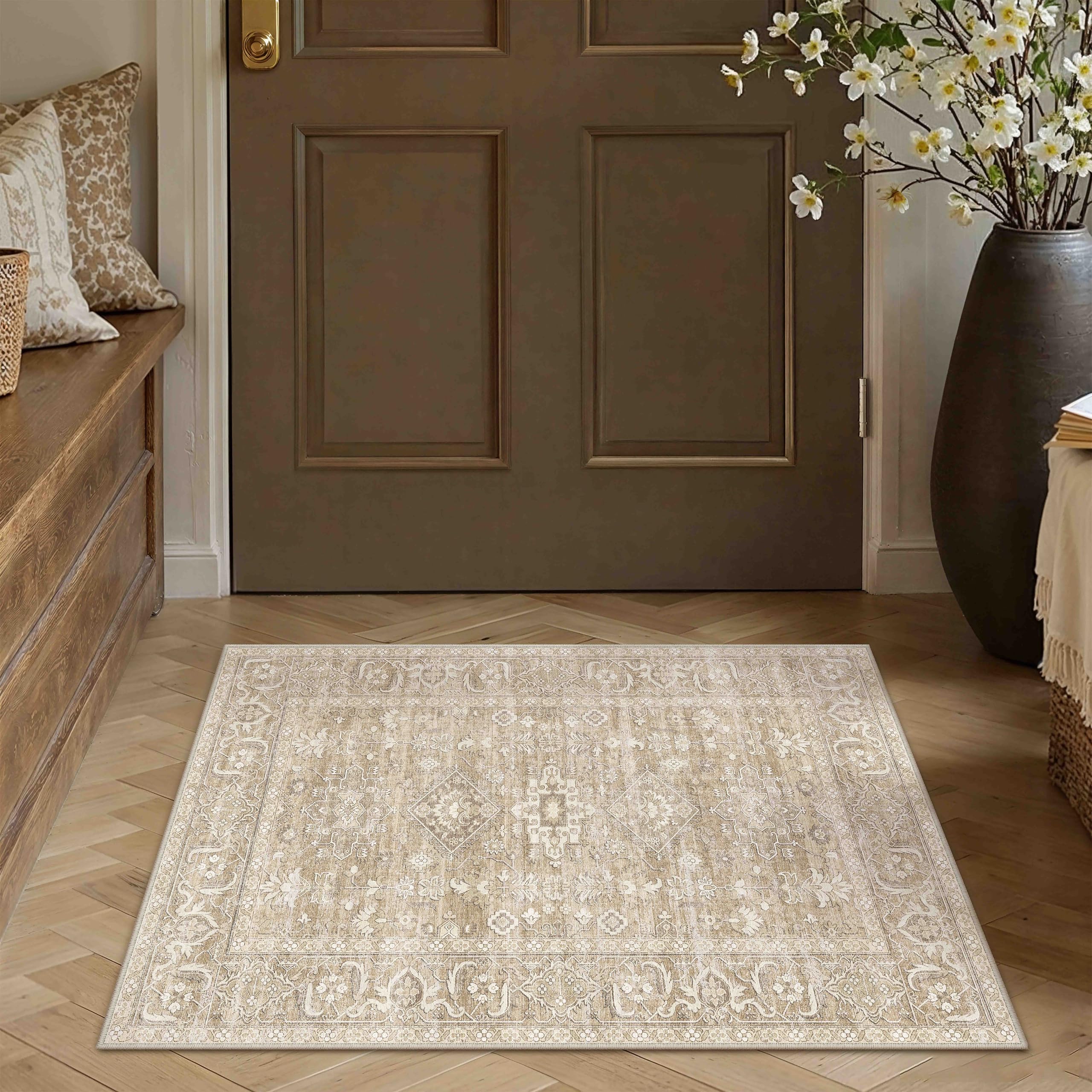 PureCozy Vintage Bedroom Rug 60 x 90 cm Beige Washable Non Slip Door Mat Area Rugs Kitchen Lounge Bedside Office Dining Room Indoor Carpet Soft Low Pile Small Carpets โ image 1