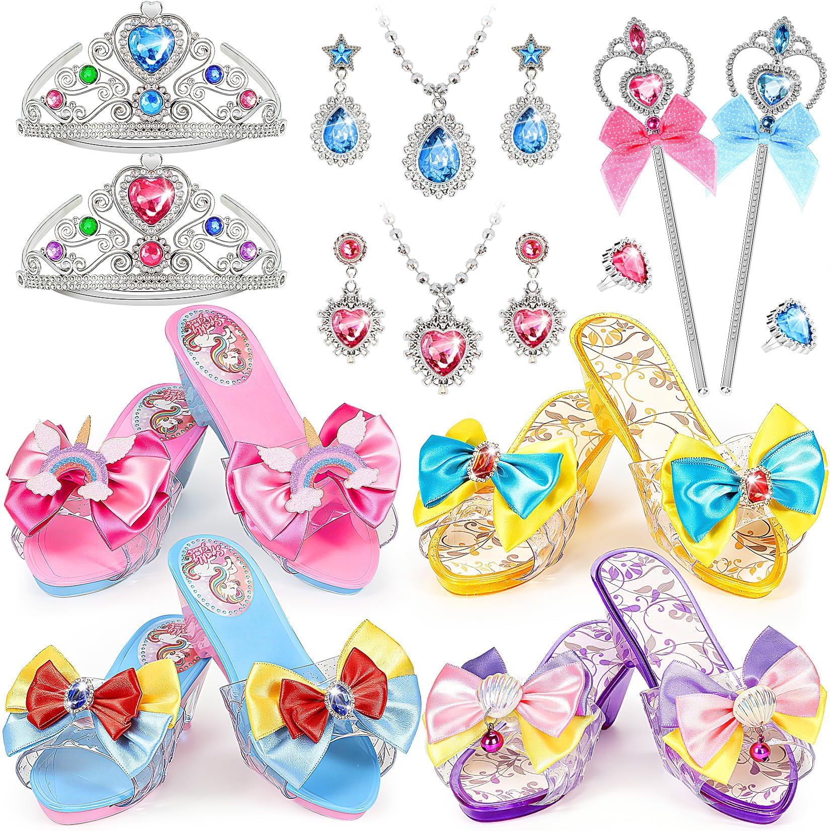 Prinzessin Schuhe Mädchen, Kinder Stöckelschuhe mit Absatz, Zubehör Set mit Krone Zauberstab Schmuck,Glitzer Design,Spielset Verkleidung Karneval,Rollenspiel Zubehör,Geburtstag Weihnachten für Mädchen