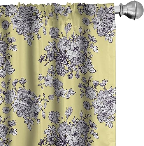 Ambesonne Cortinas florales para ventana, diseño retro clásico, brotes de ramo, pétalos, hojas, pasteles, decoración ligera, juego de 2 paneles con