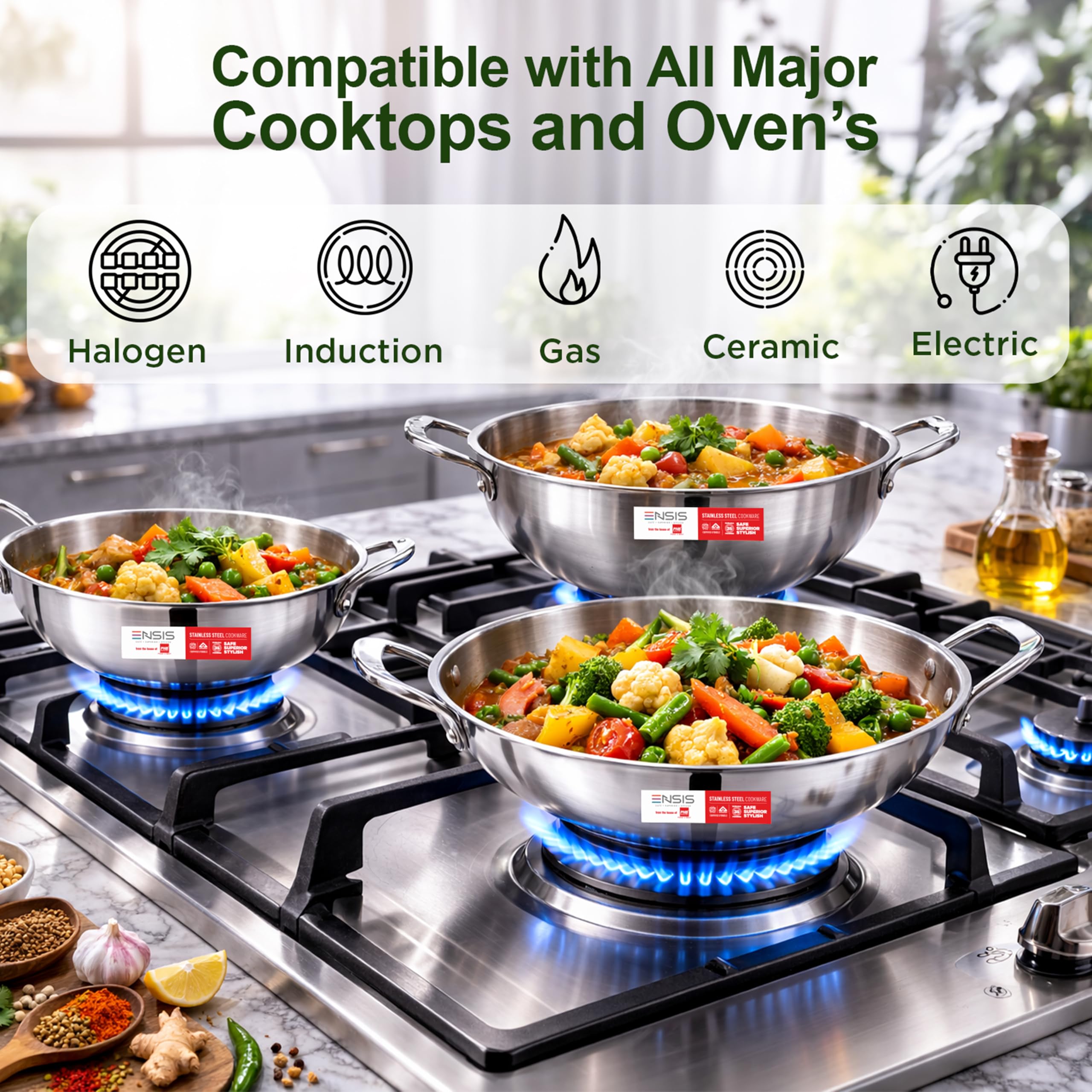 ENSIS Triply Stainless Steel kadai | Induction Compatible triply kadai with lid | Stainless Steel cookware | Try ply cookware for Indian Cooking |Dishwasher Safe|5 Year Guarantee (22 cm) — Amazon image 7