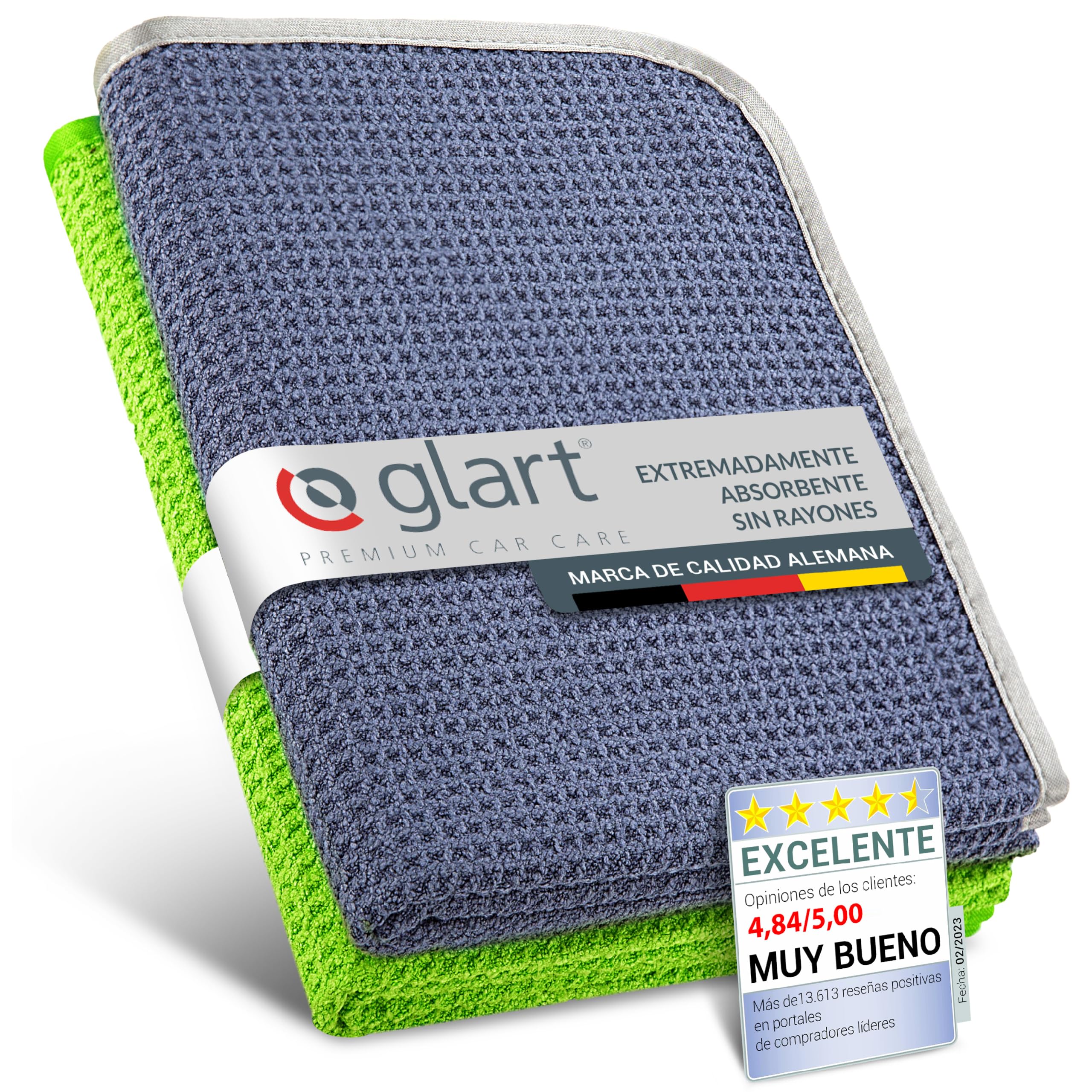 Glart 47TG Set de 2 toallas de microfibra XXL para coche 70x40 cm - absorbentes, sin pelusa, sin rayones - Secado suave tras lavado a mano - Marca alemana de calidad.
