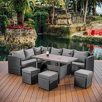 Nestl Outdoor Dining Set - 7 Piece Wicker Patio Set with Outdoor Dining Table, Outdoor Sectional Sofa and 3 Ottomans, Outdoor Patio Furniture Table and Chairs Set (Grey/Grey)