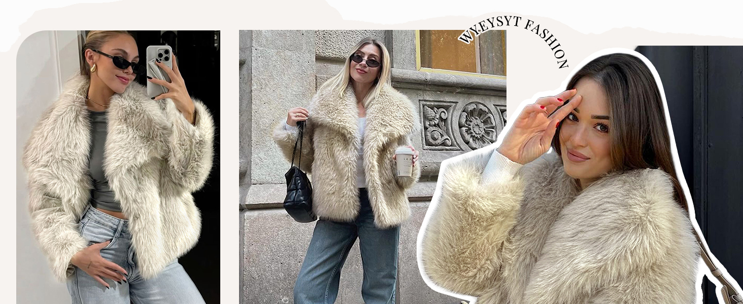 Wyeysyt Womens Faux Fur Coat Cropped Fluffy Shaggy Jacket Lapel