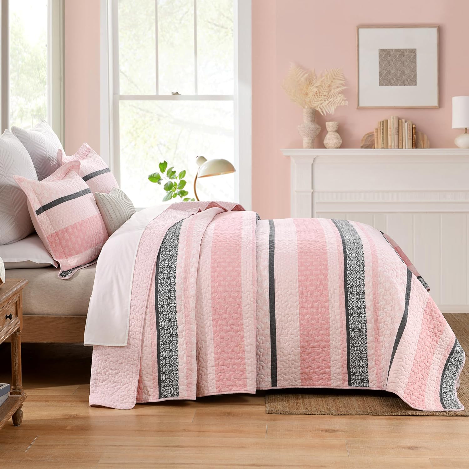 Homzard Quilts Queen Size, Cotton Comforter Set, Light Pink and Grey Queen Bed Set, Lightweight Striped Bedding, Farmhouse Bedspread All Season 3 Pieces - Image 3