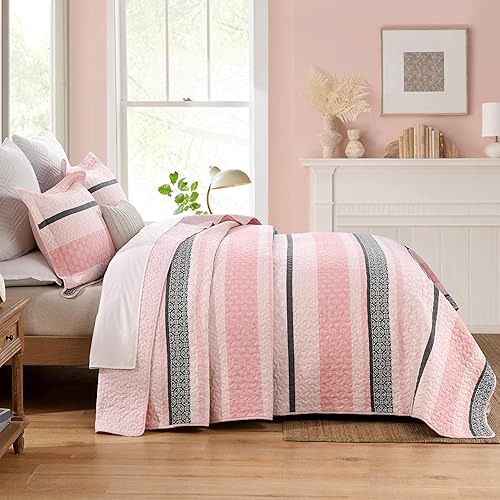 Vista 124 de Homzard - Juego de edredón de algodón a rayas, color gris, tamaño Queen, colcha reversible geométrica con 2 fundas de almohada, ropa de cama ligera