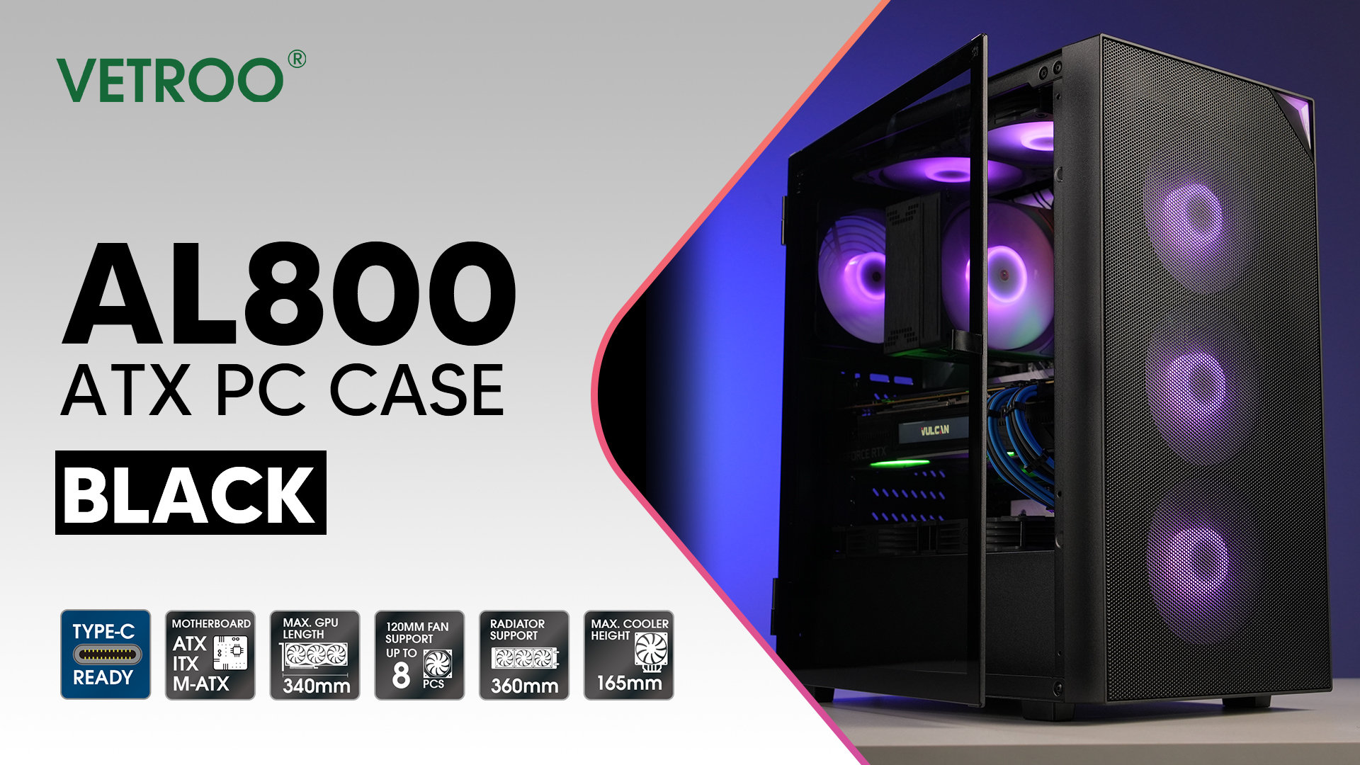 Amazon.com: Vetroo AL800 Mid Tower ATX PC Computer Case - Door Opening  Design Tempered Glass, Adjustable LED Strip, Pre-Installed ARGB & PWM FDB  Fan in Rear, Support for 50 Series GPUs -