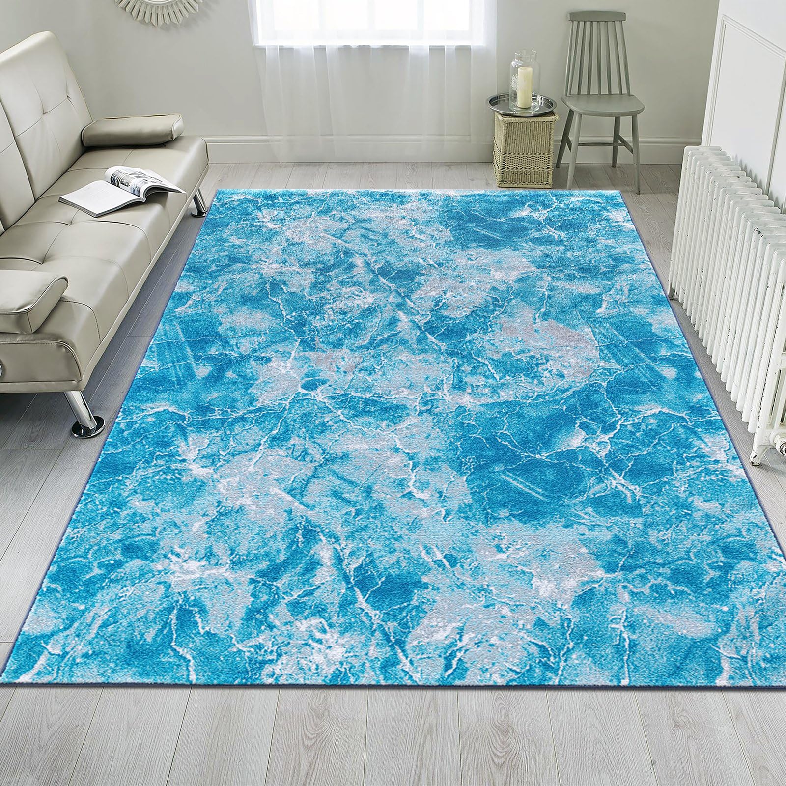 renoazul® Gel Back Extra Large Rug For Bedroom - Blue Marble Rug - 200 x 290 cm - Washable Carpets For Living Room, Lounge and Dining Room Rugs