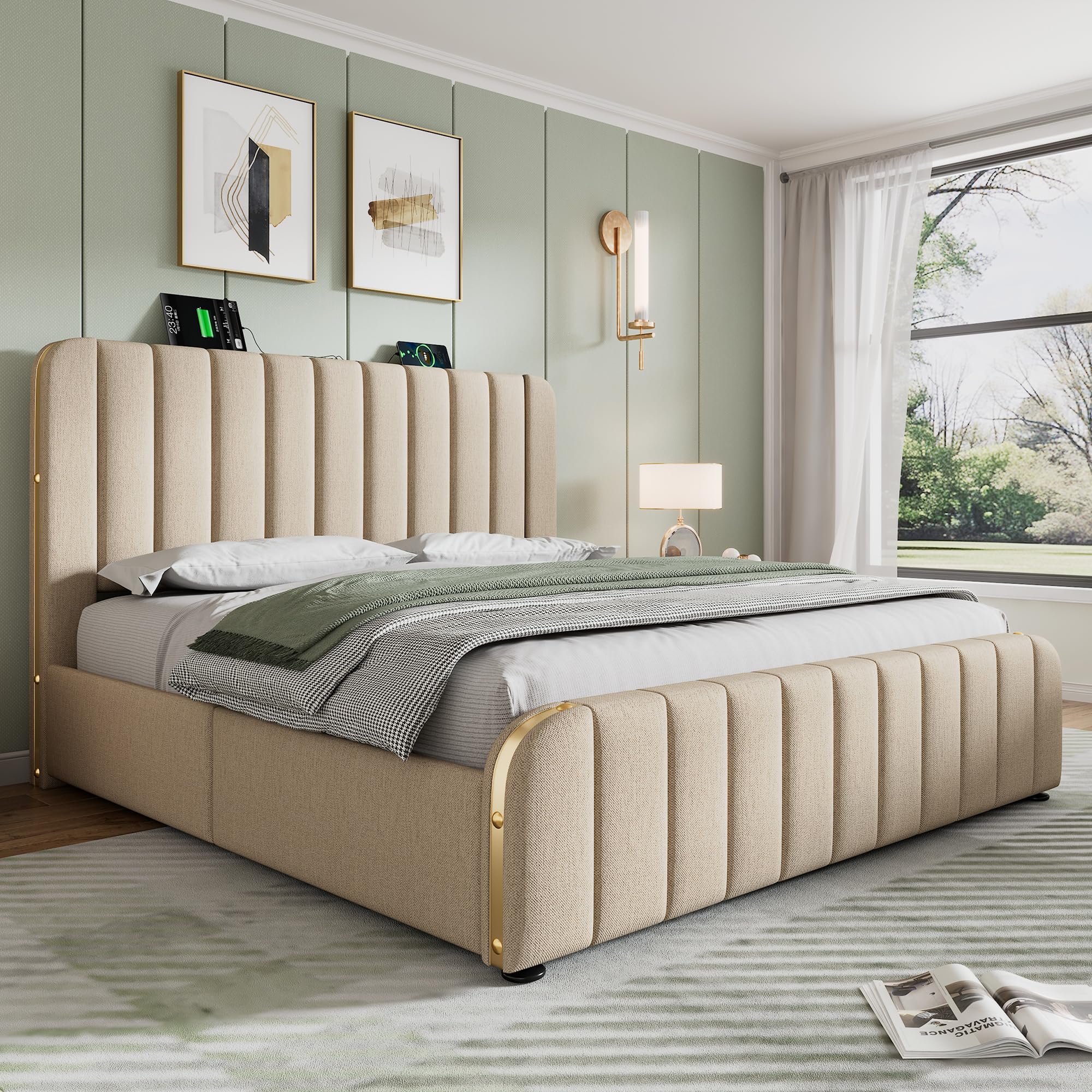 Cama tapizada de 180 x 200 cm, cama de matrimonio con 4 cajones y puerto USB Tipo-C de tela de lino, cabecero tapizado con acabados dorados, para adultos y niños, sin colchón, beige