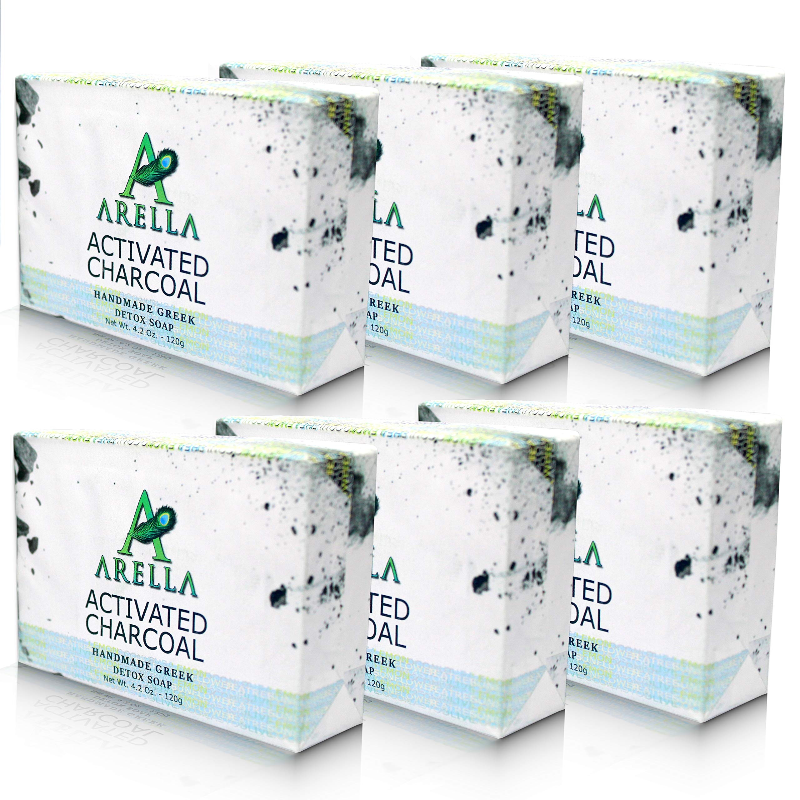 Arella Activated Charcoal Soap Bar, Handmade in Greece, good for skin detox, 4.2 Oz (6 Bars)