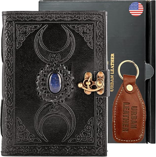 Urban Leather Lapis Celtic Triple Moon Grimoire Black Book of Shadows Journal for Men Women to Write in, Wicca Wiccan Pagan Witchcraft Drawing Sketchbook Writing Notebook, Thick Blank Pages