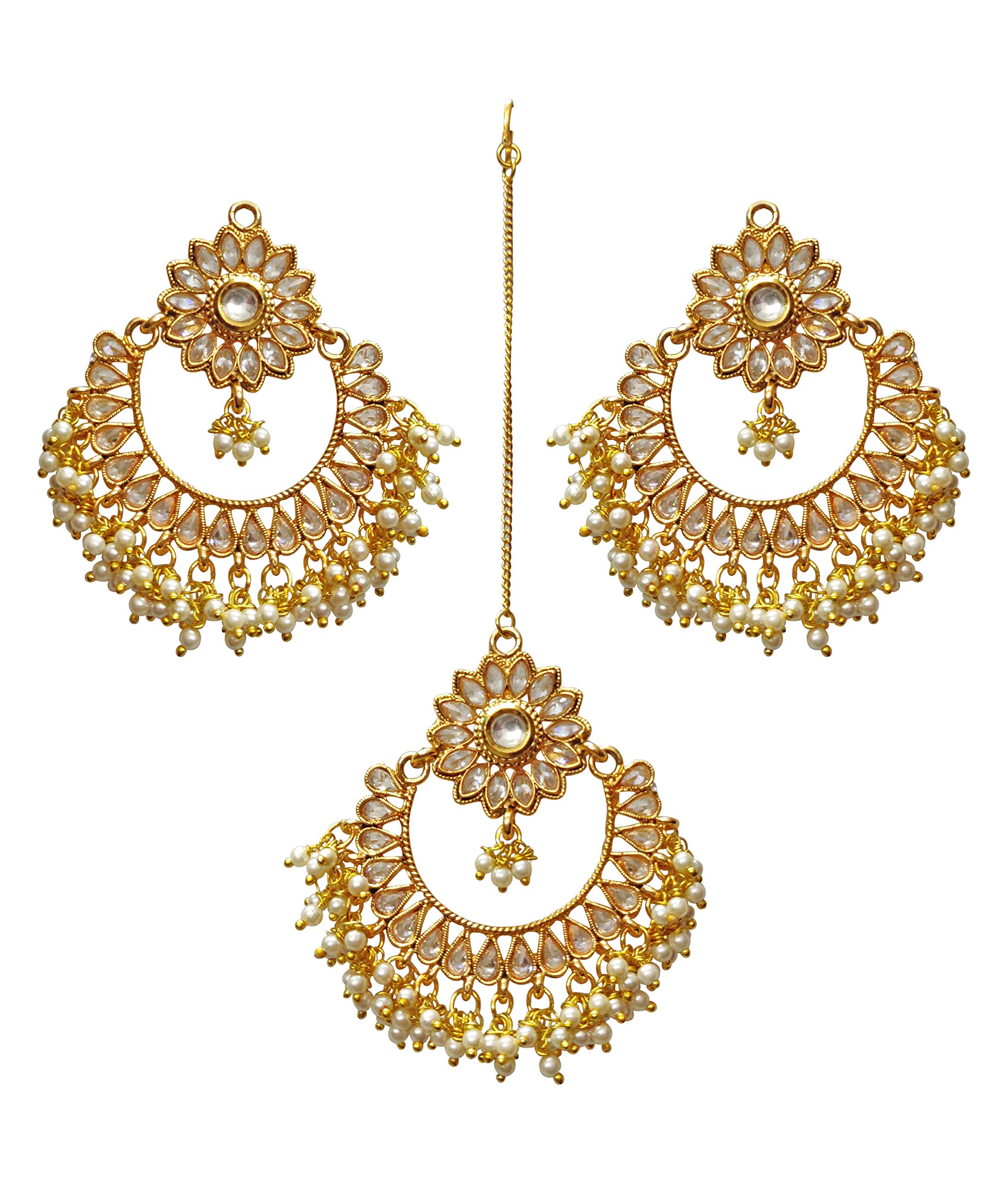 Traditional Chandbali Pearl Polki Tika Earring Bridle Jewelry