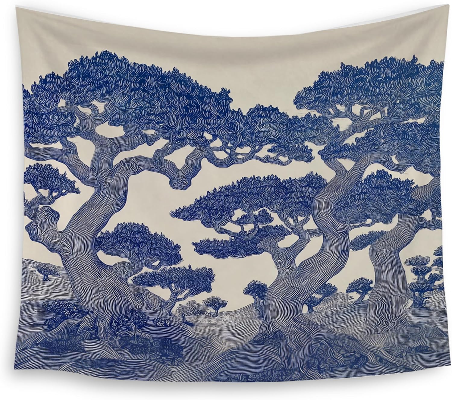 HUGANE Vintage Oak Tree Tapestry, Blue and White Chinoiserie Forest Wall Tapestries, Moody Tree Nature Landscape Botanical Hanging Wall Decor for Home Bedroom Living Room, 50x60 Inch