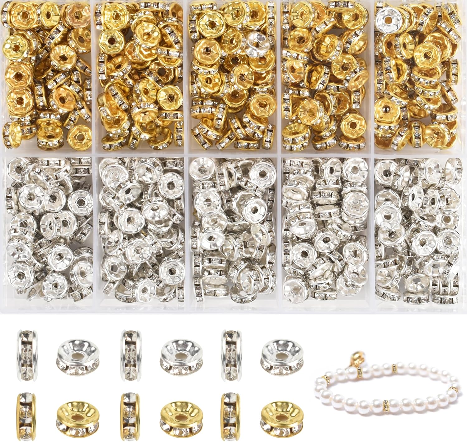 600Pcs Spacer Beads with Holes, Alloy Silver Gold Rhinestone Beads for Jewelry, Crafts Makings