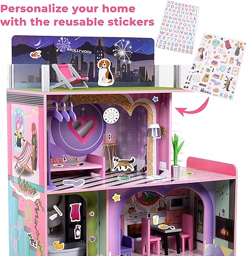 Miniatura 5 de Olivia's Little World Dreamland Sunset - Casa de muñecas de madera de 2 pisos con cubierta moderna en la azotea y 14 piezas, juego de accesorios