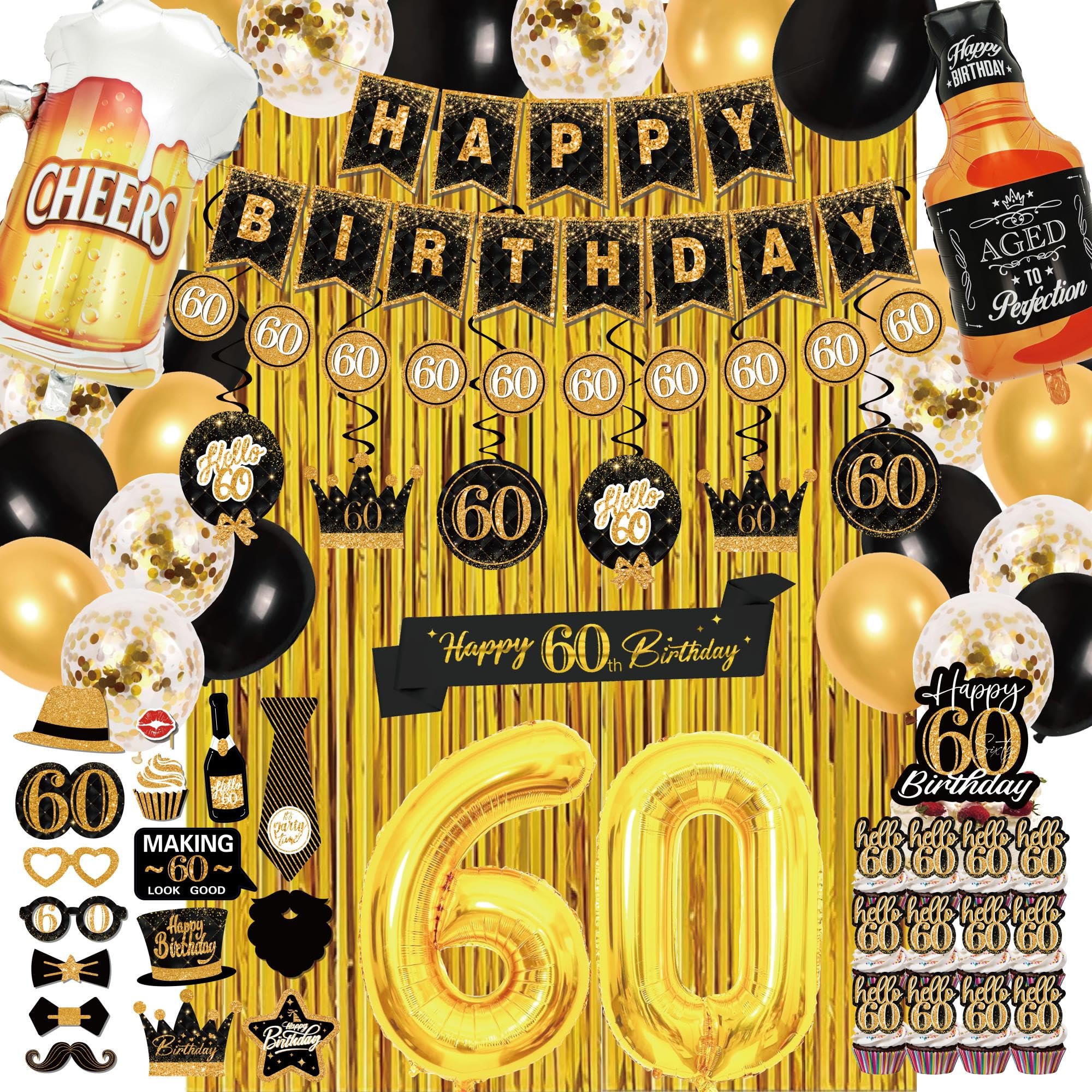 60TH Birthday Decorations for men women, (Total 70pcs) black and gold happy 60th birthday Banner, Pennant, Hanging Swirl, Foil Backdrops, party balloons, props photos, 60th birthday Sash