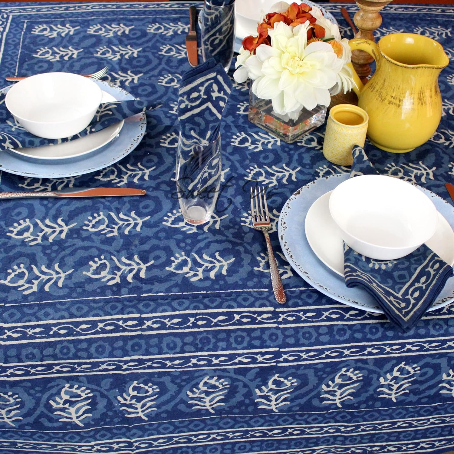 Sweet Us Chiara Floral Cotton Block Print Tablecloth and One Gray Napkin, Floral Kitchen Dining Table Cloth, Table Cover for Indoor and Outdoors, Sapphire Blue, 60 x 90 in