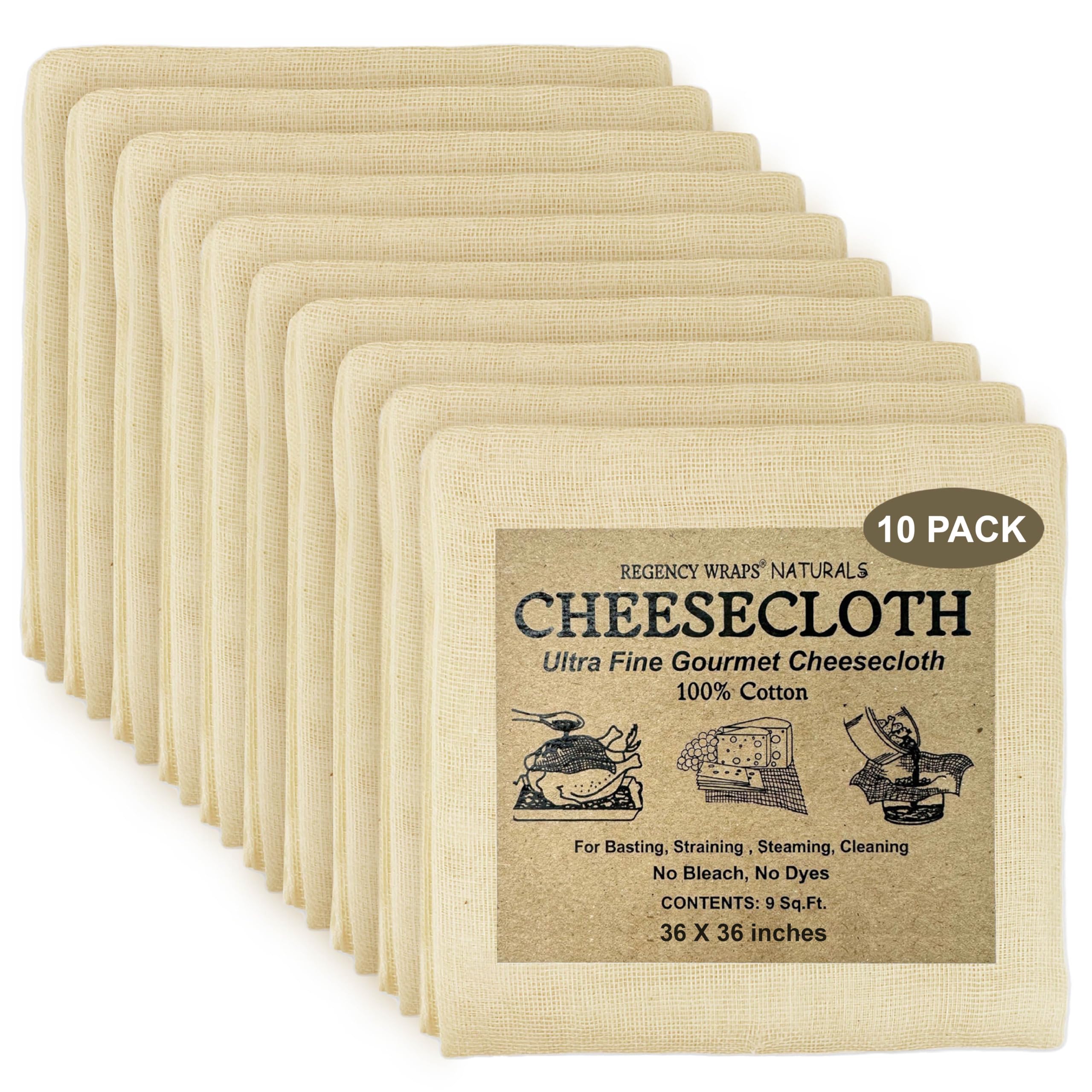 Regency Wraps 100% Cotton Ultra Fine Natural Cheese Cloth, 90 sq.ft 36" X36" 10 pcs, Chef Grade for Basting Turkey, Canning, Straining, Cheesemaking