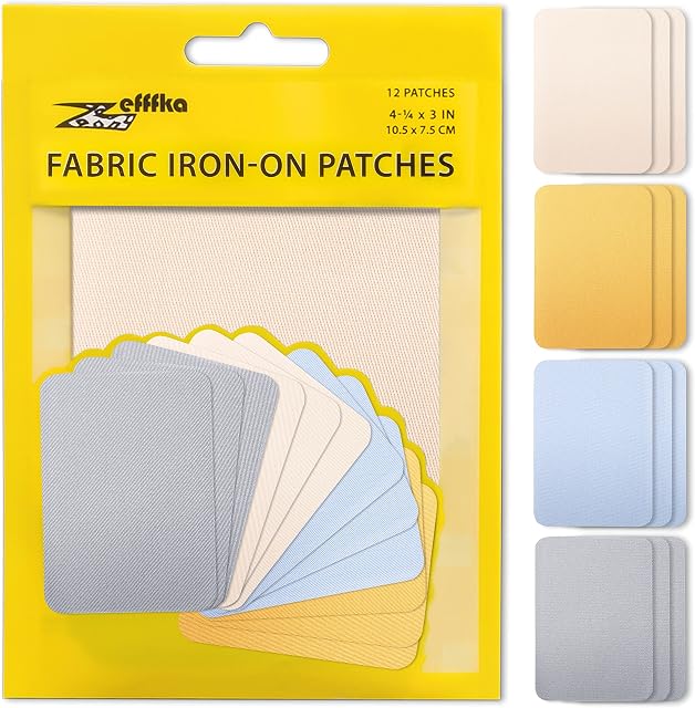 ZEFFFKA Premium Quality Fabric Iron-on Patches Inside & Outside Strongest Glue 100% Cotton Blue Gray Beige Brown Repair Decorating Kit 12 Pieces Size 3" by 4-1/4" (7.5 cm x 10.5 cm)