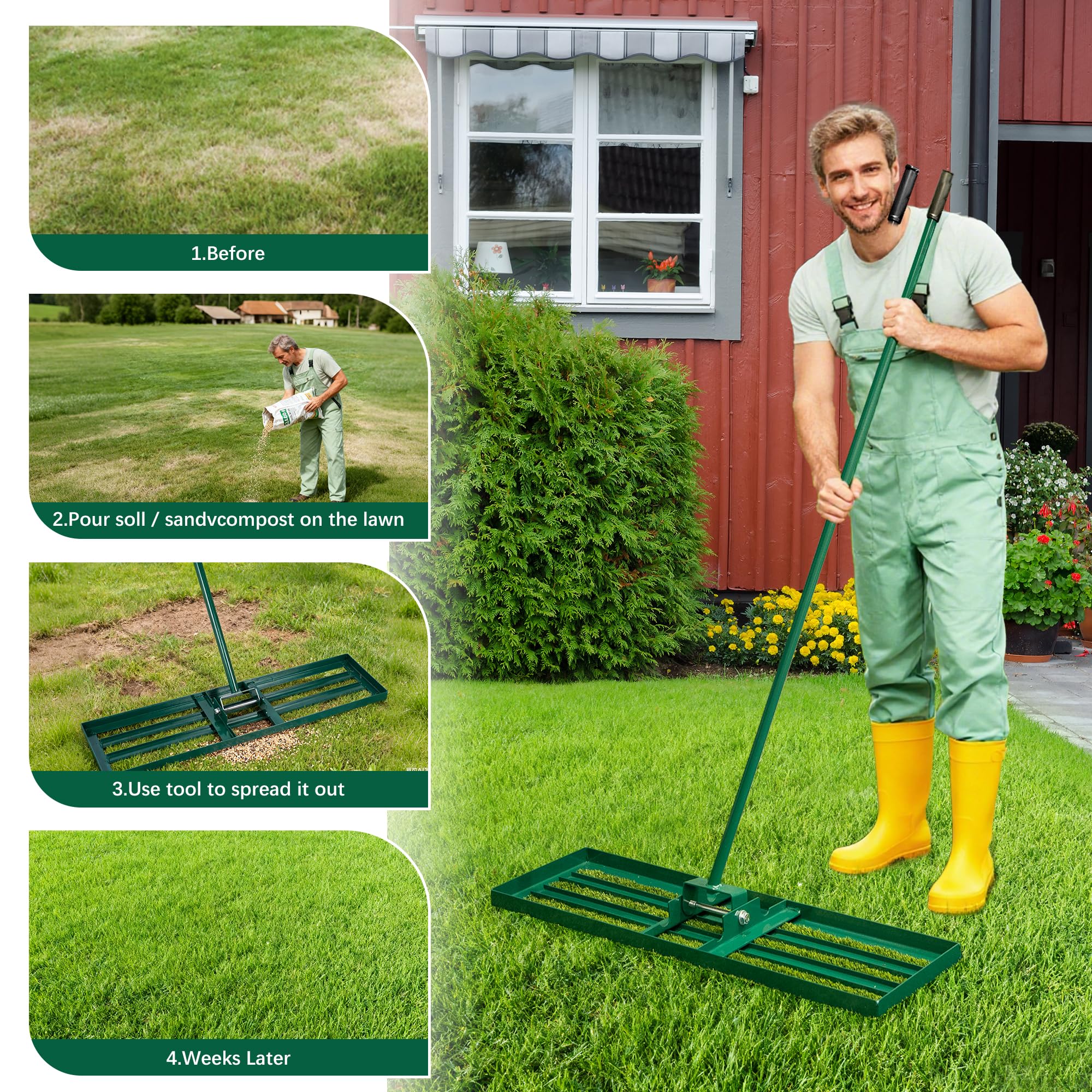 Râteau à gazon, râteau à gazon, balai à gazon de jardin, scarificateur pour jardin, râteau à poncer la pelouse avec poignée en acier inoxydable, 75 x 25 x 200 cm