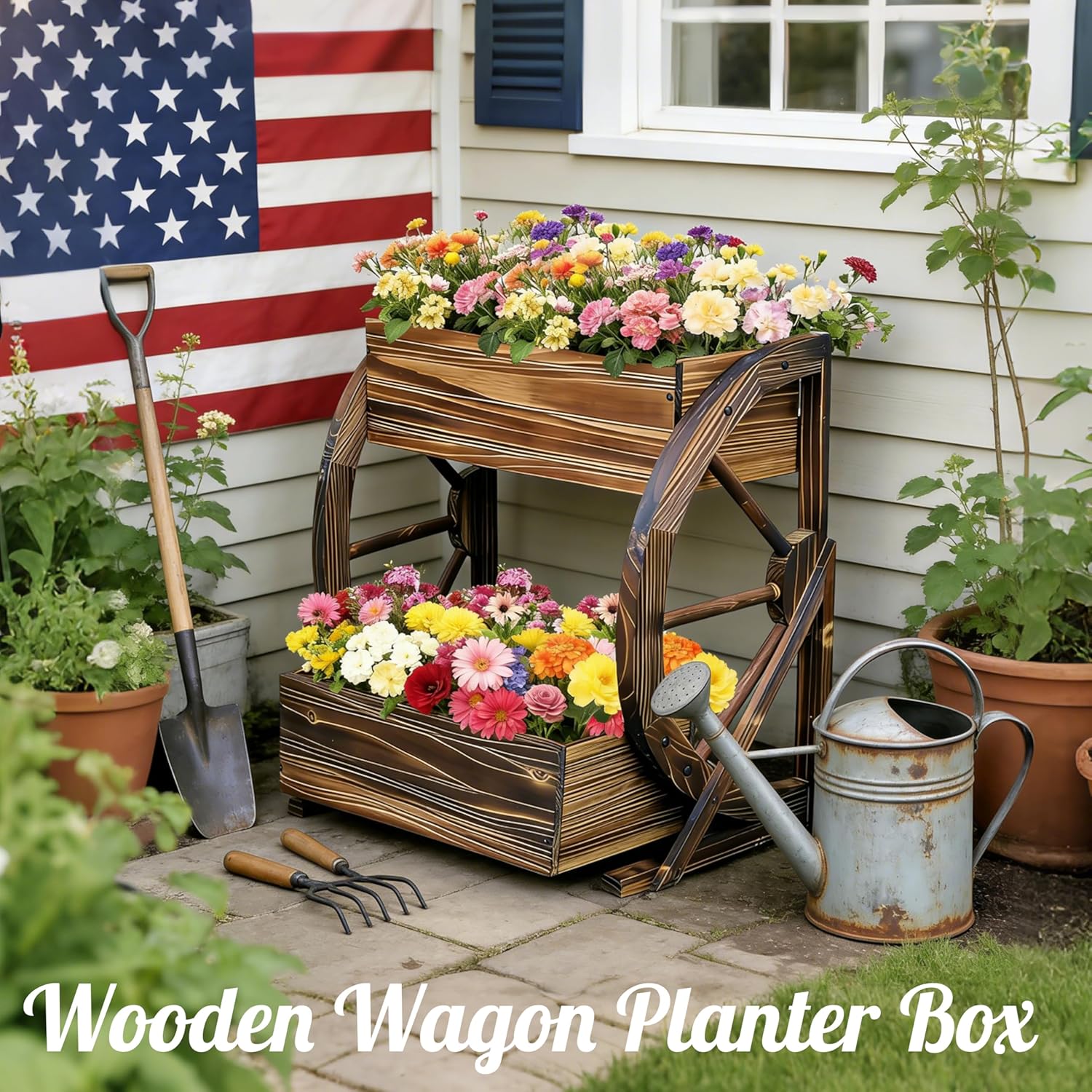 Wooden Wagon Garden Planter Box with Wheels-Indoor/Outdoor Decor for Patio, Backyard, Balcony-Country Farmhouse Flower Box-2 Tier Rustic Garden Raised Bed for Flowers, Herbs, Vegetables