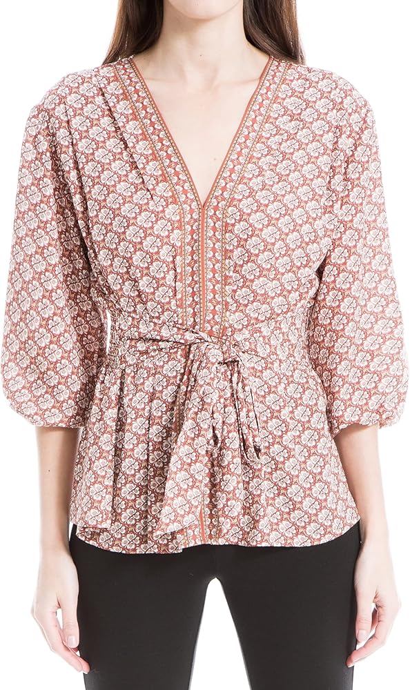 Max Studio Women's Crepe 3/4 Sleeve Smocked Back Blouse, Clay Four