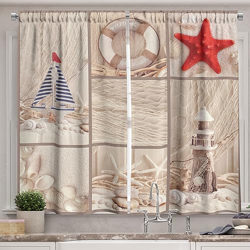 Lunarable - Cortinas náuticas de cocina, diseño de collage de vida marina, vela, barco, vida marina, faro, conchas de arena, vida marina, juego de 2