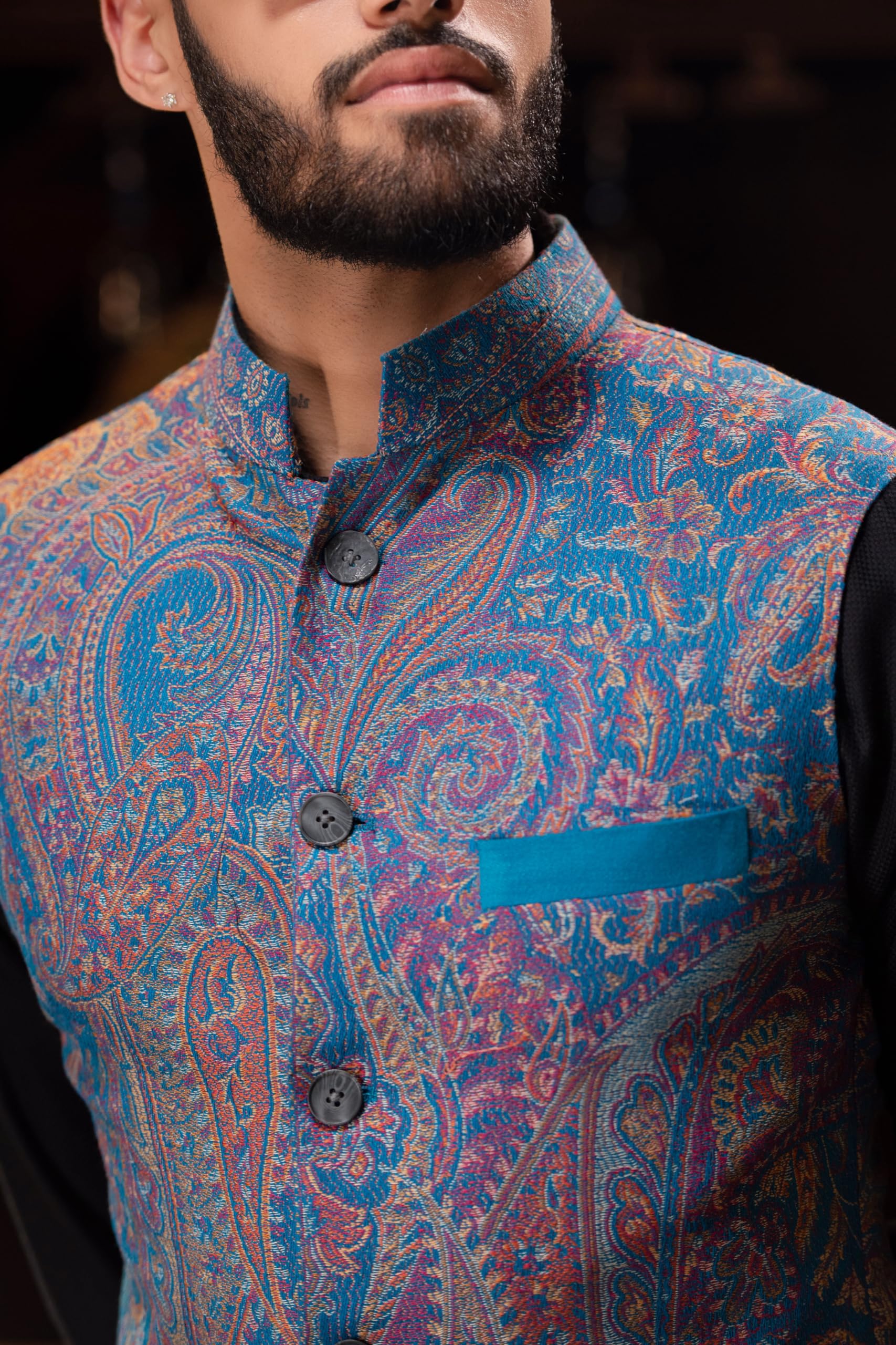 Pashtush Mens Woven Jacquard Waistcoat, Structured Slim Fit, Saphire Blue (44 - XL)