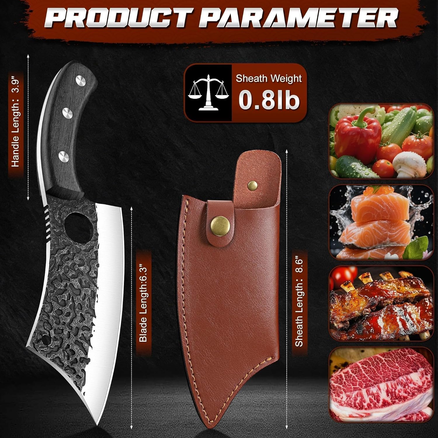 ROCOCO Meat Cleaver Butcher Knife - Sharp Full Tang Knife with Sheath for Home Outdoor BBQ Camping Mother Father Gift Idea Men Black 6.3"