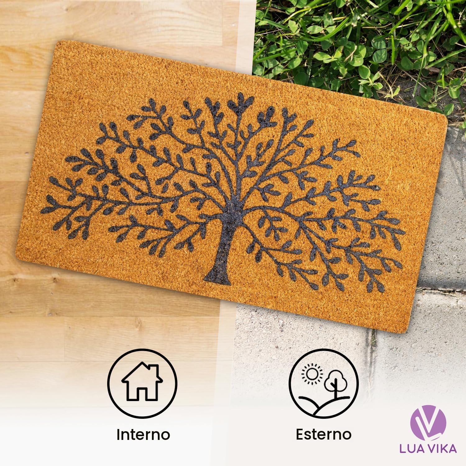 Zerbino ingresso casa, tappeto interno esterno, in fibra di cocco naturale, asciugapassi 40x70 (Tree of life)