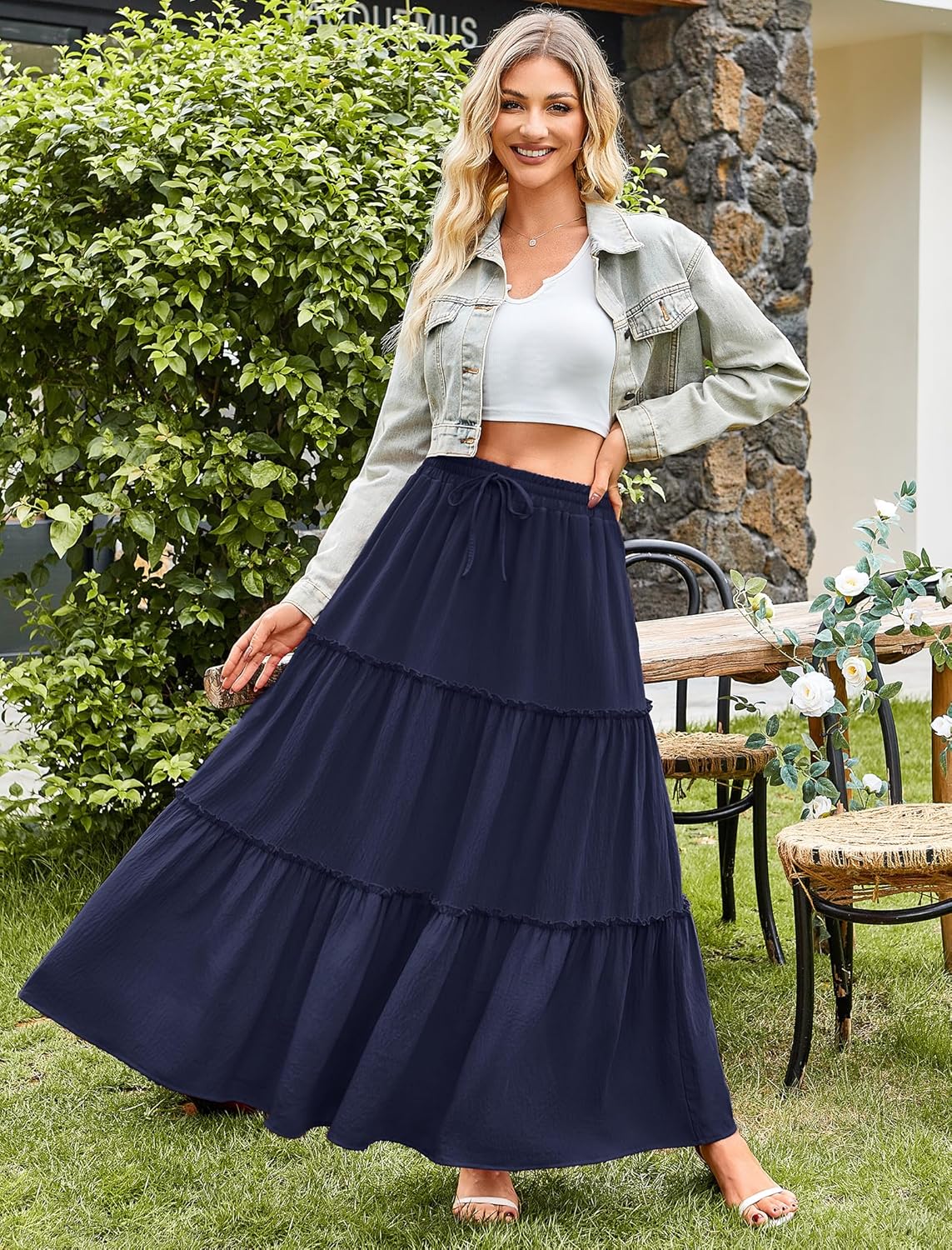 Arolina Women's Summer Maxi Skirt Trendy High Waist Pleated Ruffle Long Skirts Flowy Beach Boho Skirt Dress with Pockets - Image 3