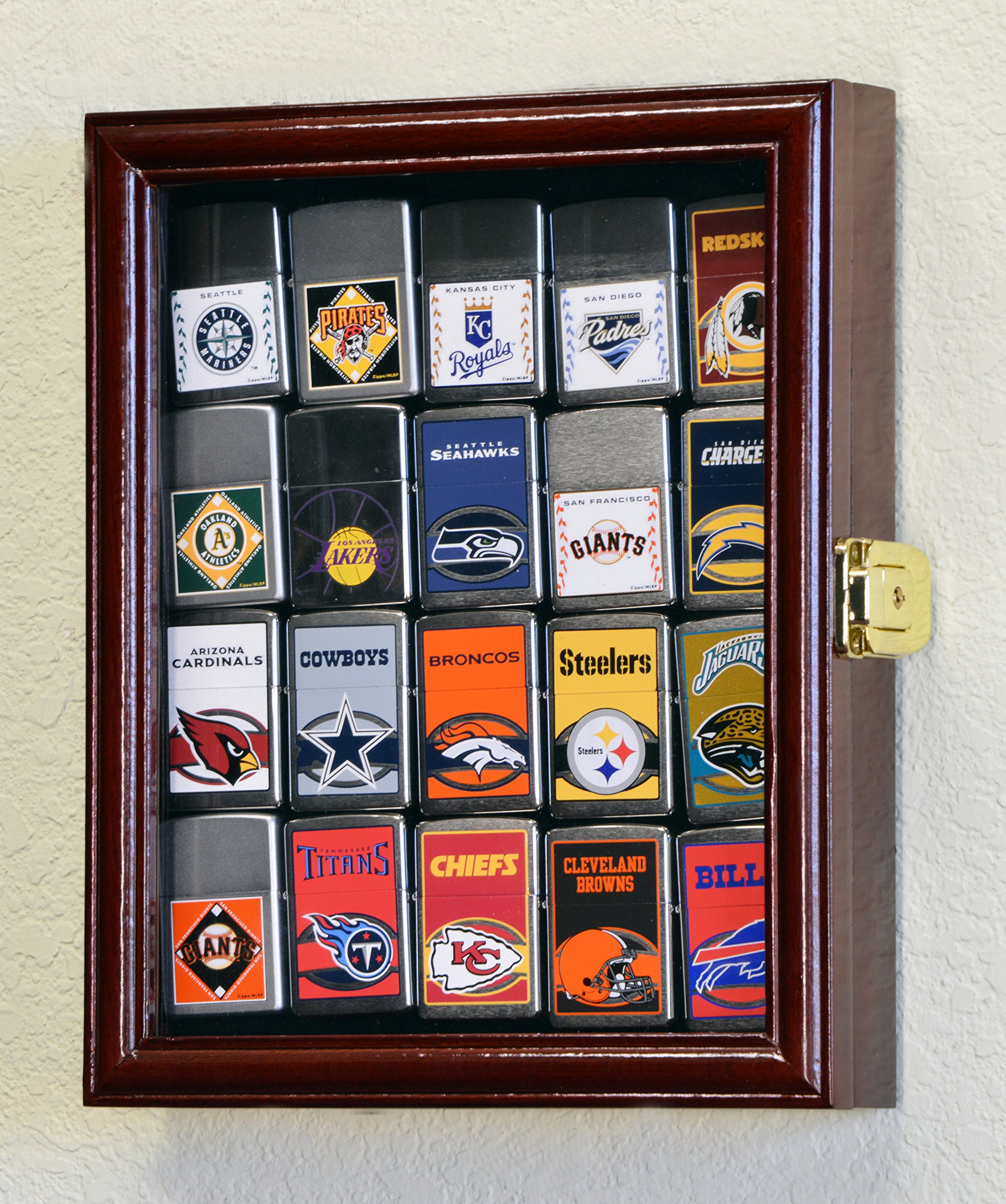 20 Zippo Lighter Display Case Cabinet Holder Wall Rack Box - Lockable, Cherry