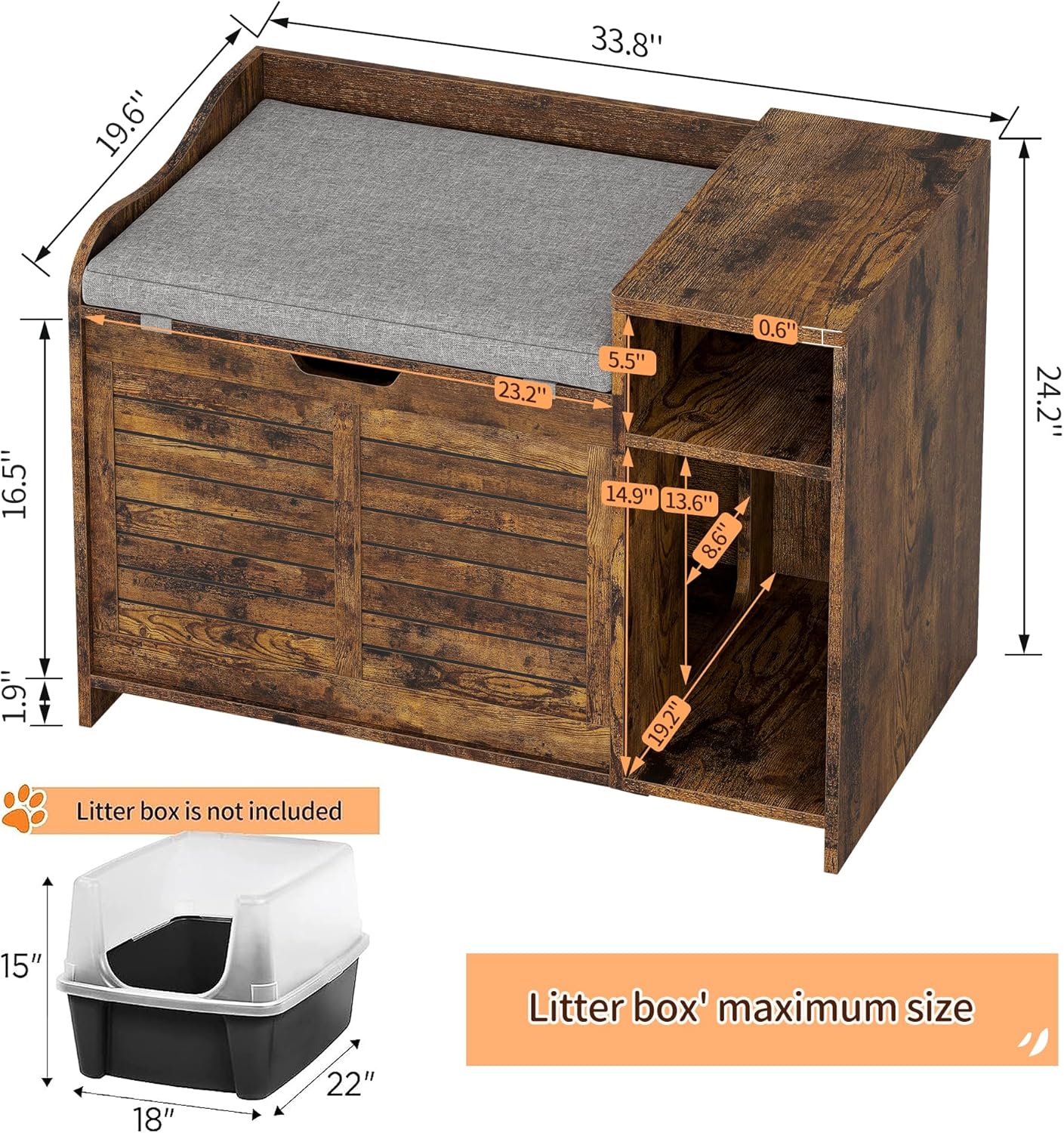 IDEALHOUSECat Litter Box Enclosure with Cushion, Hidden Cat Litter Box Furniture, Cat Litter Box Furniture with Top Opening, Flip Top Litter Box Enclosure, Cat House, Brown
