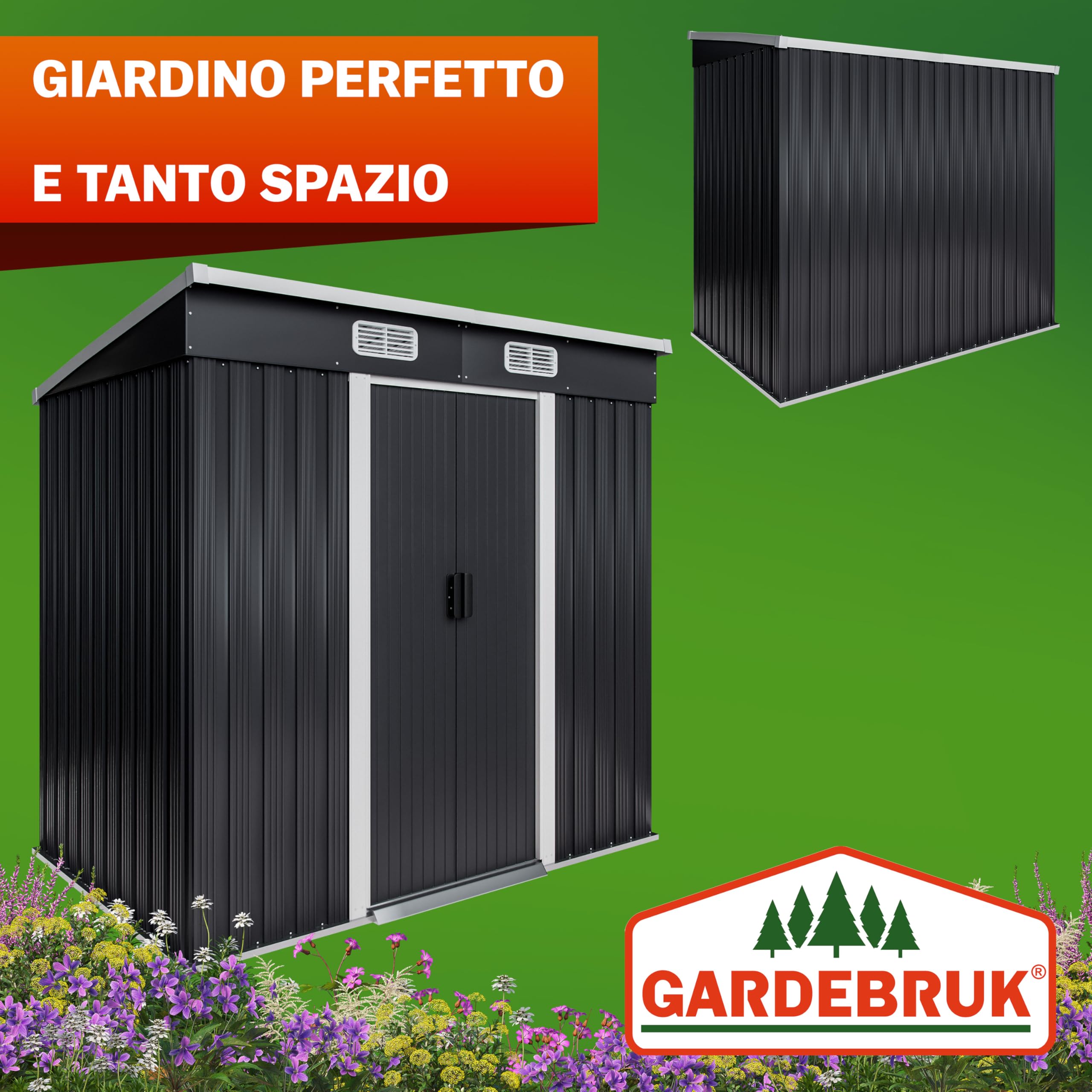GARDEBRUK® Casetta da Giardino Capanno Attrezzi Giardinaggio in Metallo 2m² con Fondamenta 200x125x180cm Porta Scorrevole Casetta per Attrezzi verde Capanna da Esterno 4m³