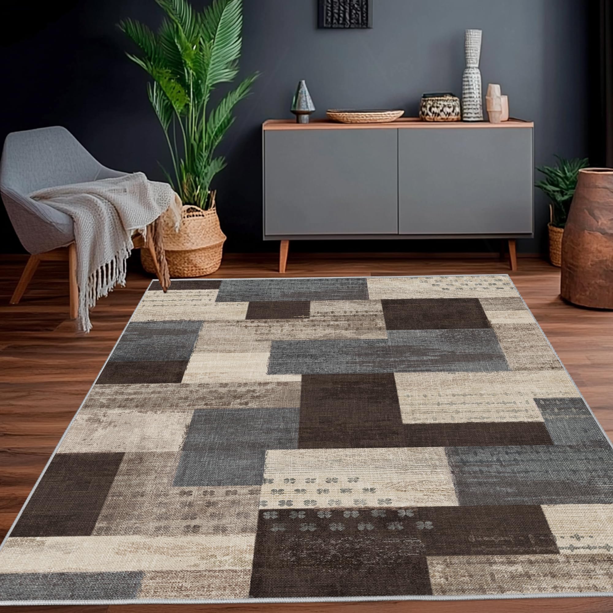 Calinline Moderne Geometrische Patchwork Indoor Wohnzimmer Teppich, Blau 80x150 cm Große Teppiche Rockwood Sammlung Böden Dekor für Schlafzimmer, Blau Taupe Weich Kurzflor Waschbar Teppich Gegend