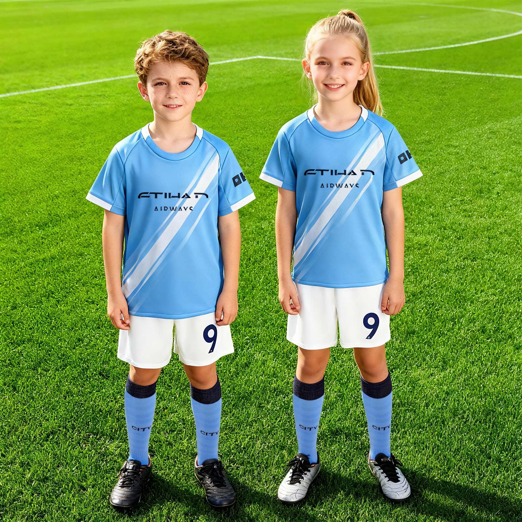 Camiseta de fútbol para niños, camiseta de fútbol con camiseta, pantalones cortos, calcetines y rodilleras, camiseta para niños y niñas