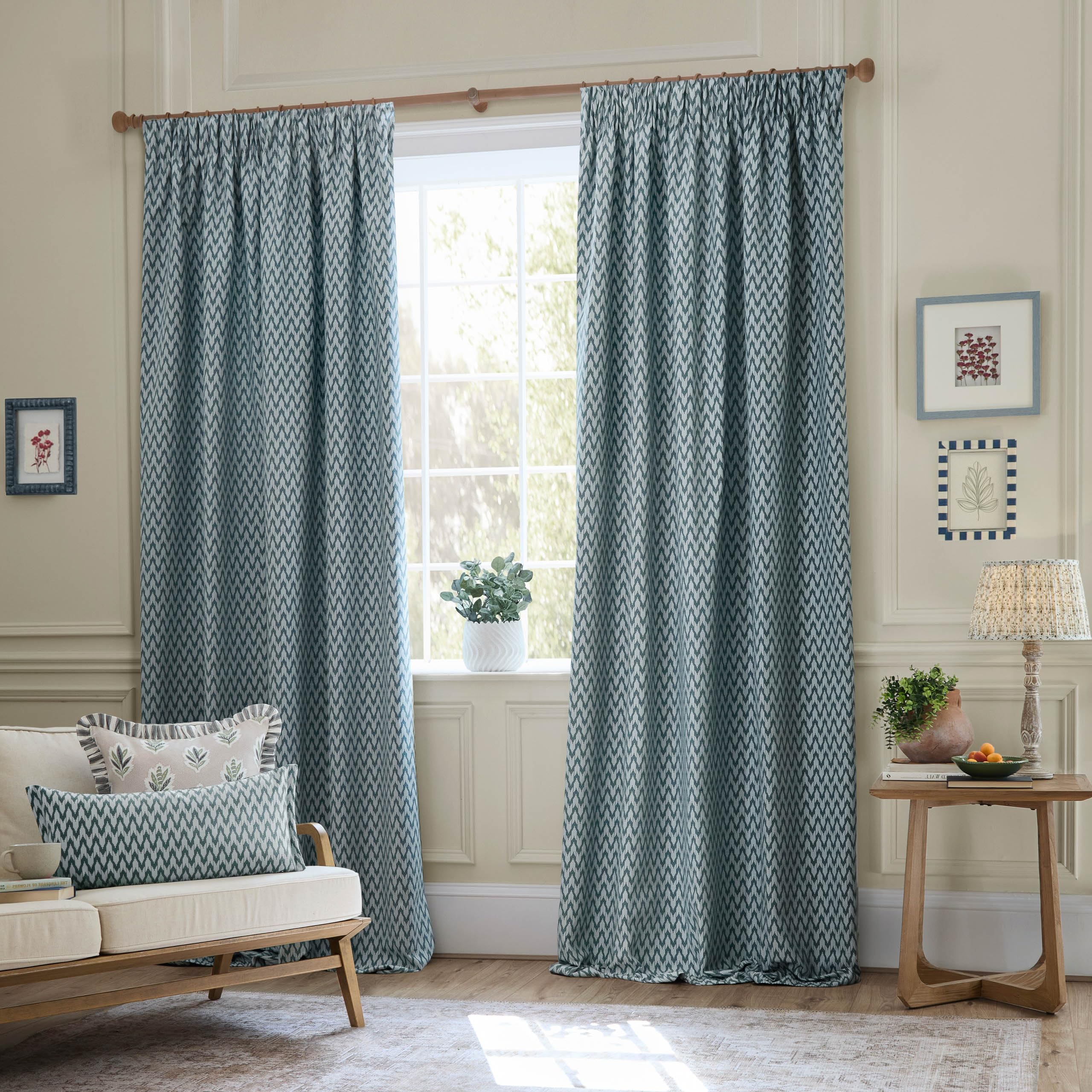 Sanderson Hutton Room Darkening Pencil Pleat Curtain Pair - Ikat Woven Jacquard Lined Drapes (Blue - 117x183cm)