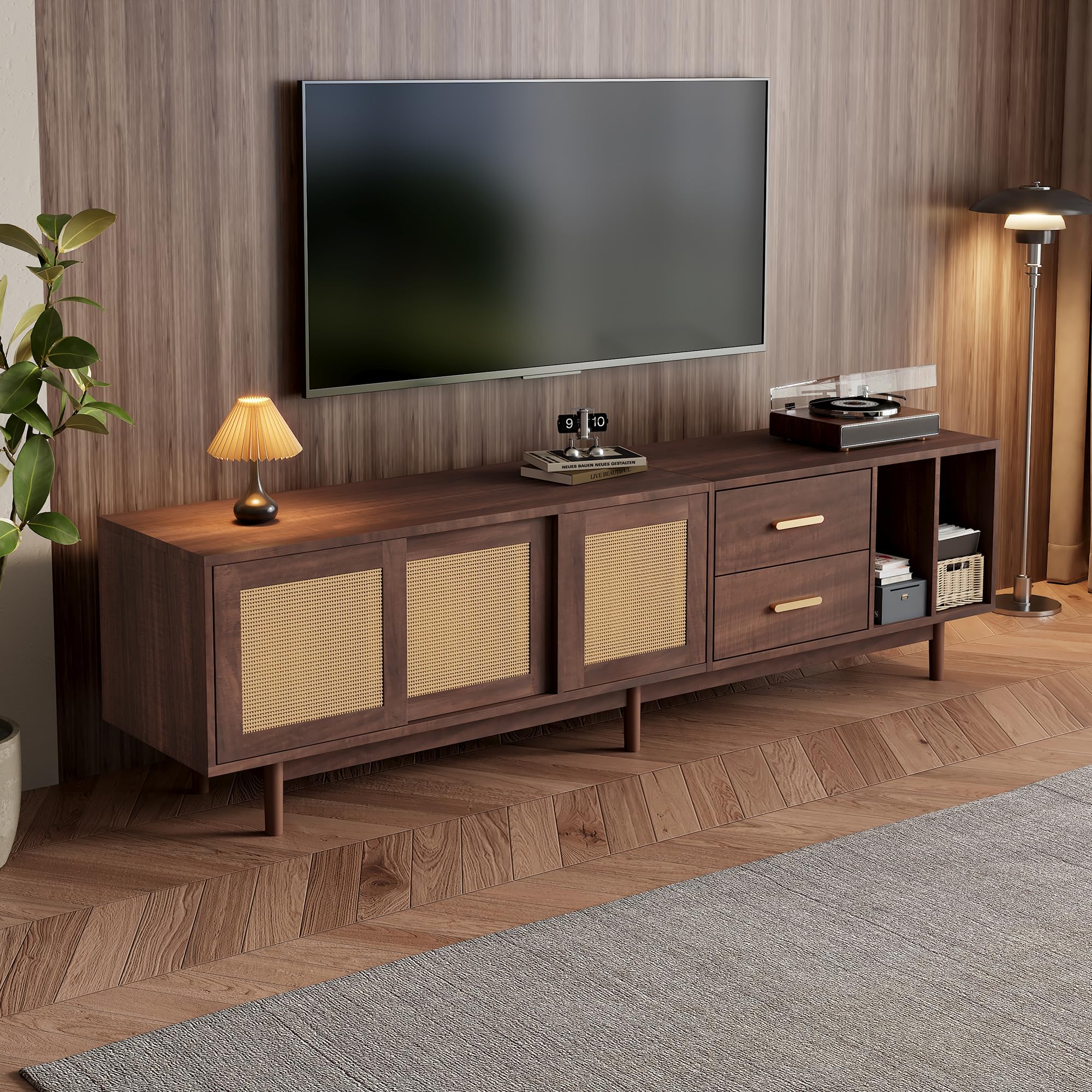 Merax Meuble TV Bas 190 cm pour TV 75 Pouces avec 3 Portes en rotin PE et 2 tiroirs, Buffet TV Design avec 2 Compartiments Ouverts, 6 Pieds Stables – 190x40x52 cm