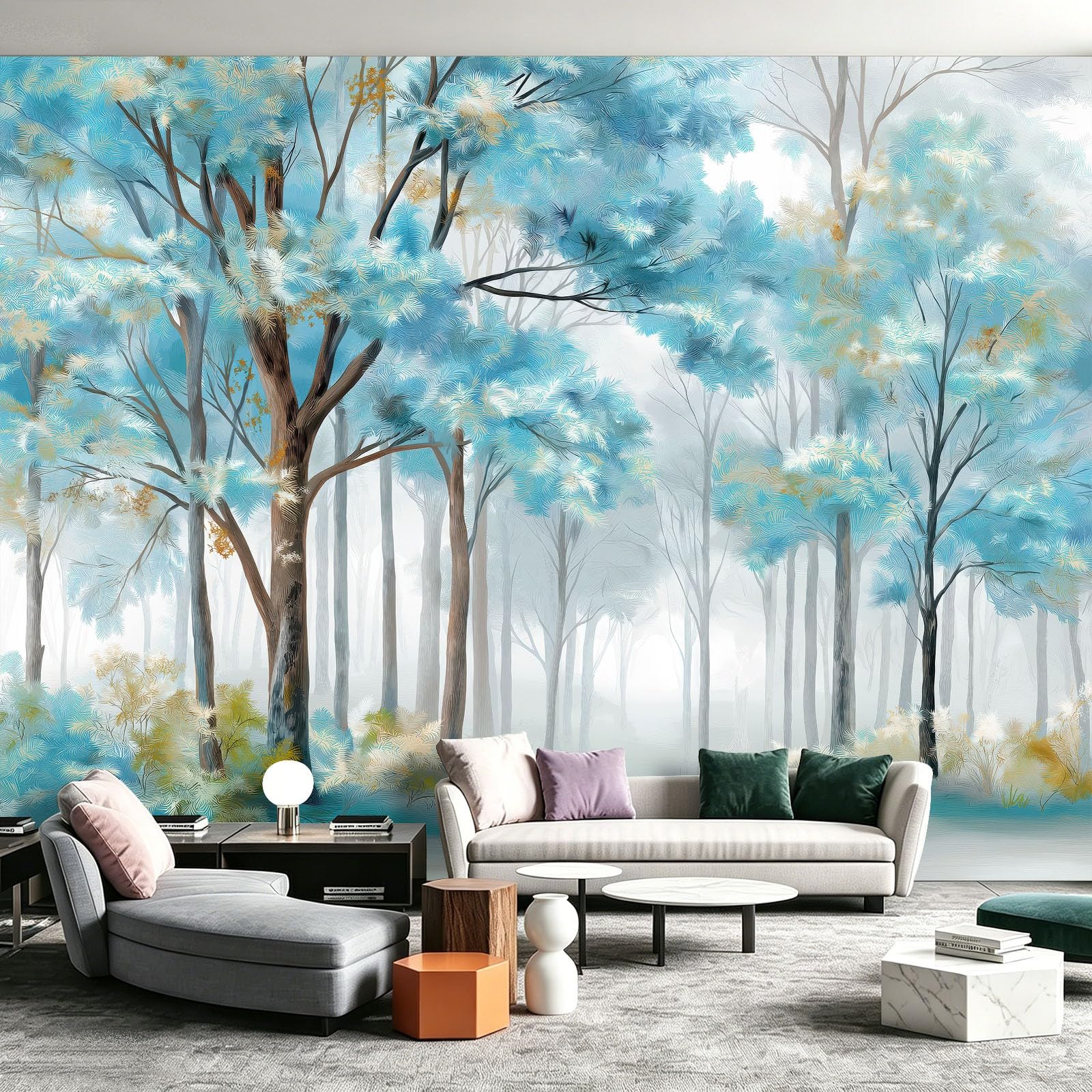 Papel pintado fotográfico de niebla de árboles, 300 x 210 cm (ancho x alto) no tejido, mural de pared abstracto bosque acuarela para cocina, comedor, oficina, papel pintado decorativo