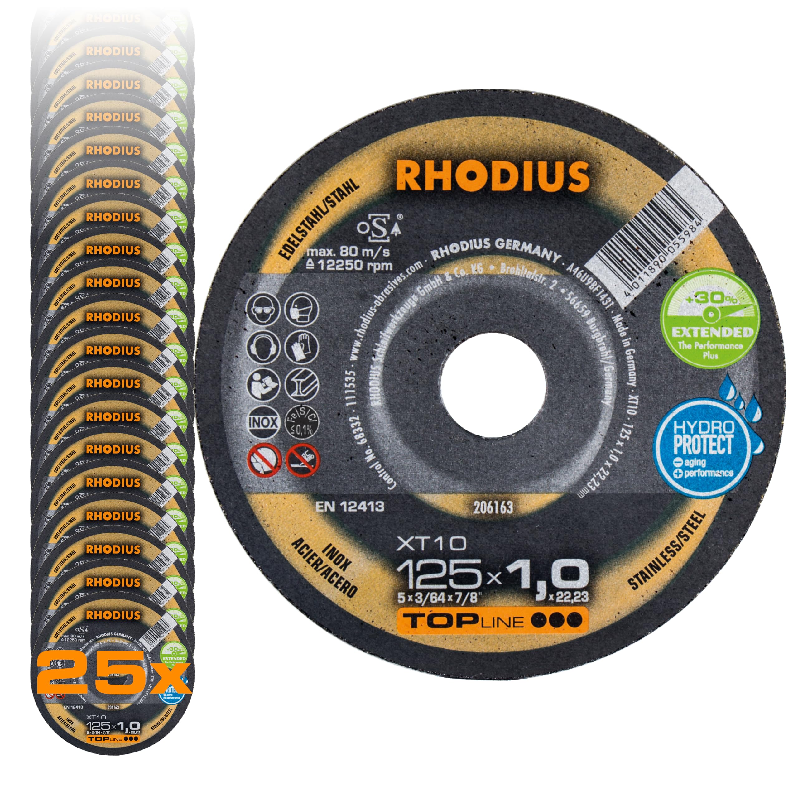 RHODIUS - Dischi da taglio extra sottili in acciaio INOX XT10 EXTENDED, diametro 125 mm, per smerigliatrice angolare, 25 pezzi