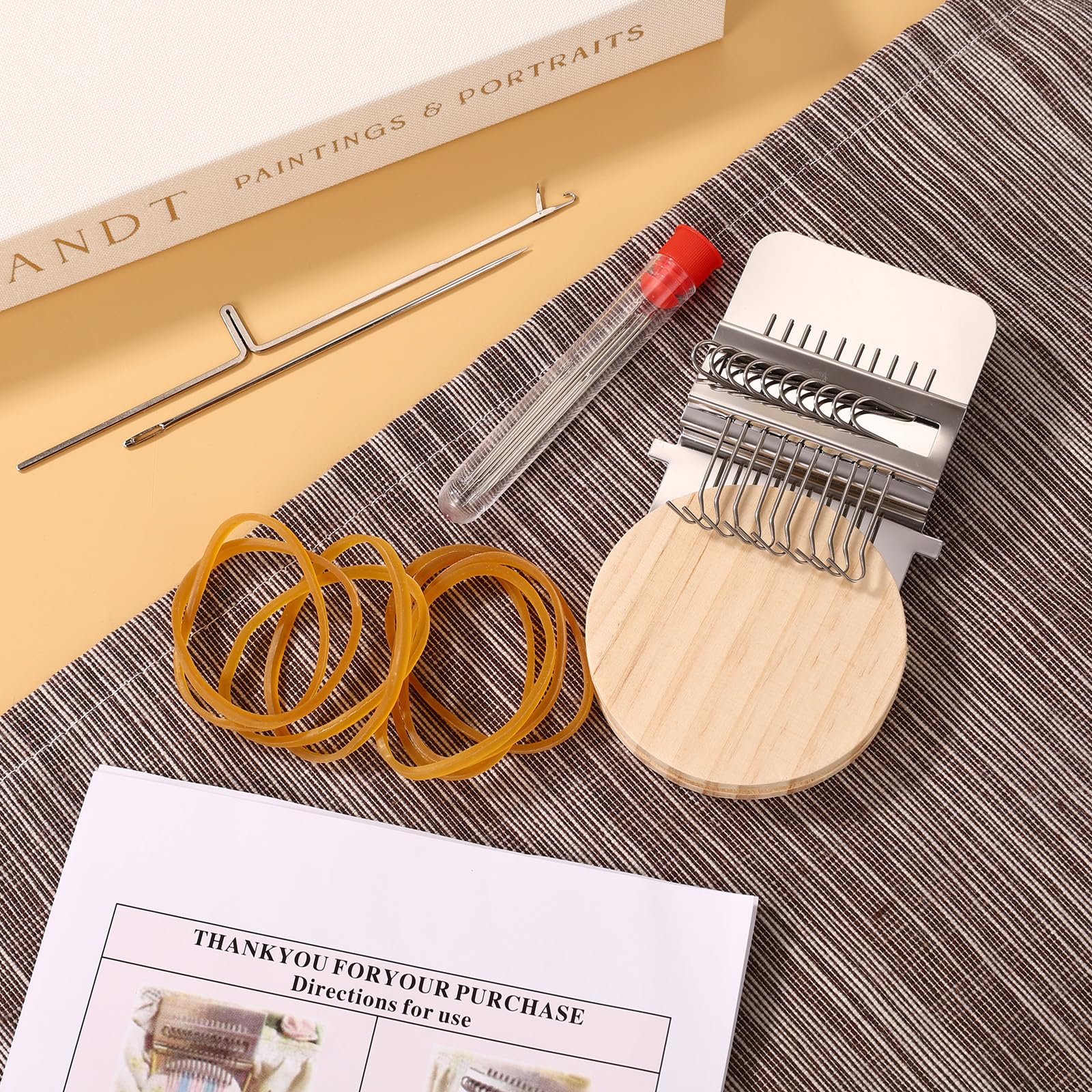 Mini Telar para Zurcir, con Agujas de Acero Inoxidable Tablero Redondo Madera Goma Elástica y Jeringa para Vaqueros Calcetines Reparación Ropa Tejido y Manualidades