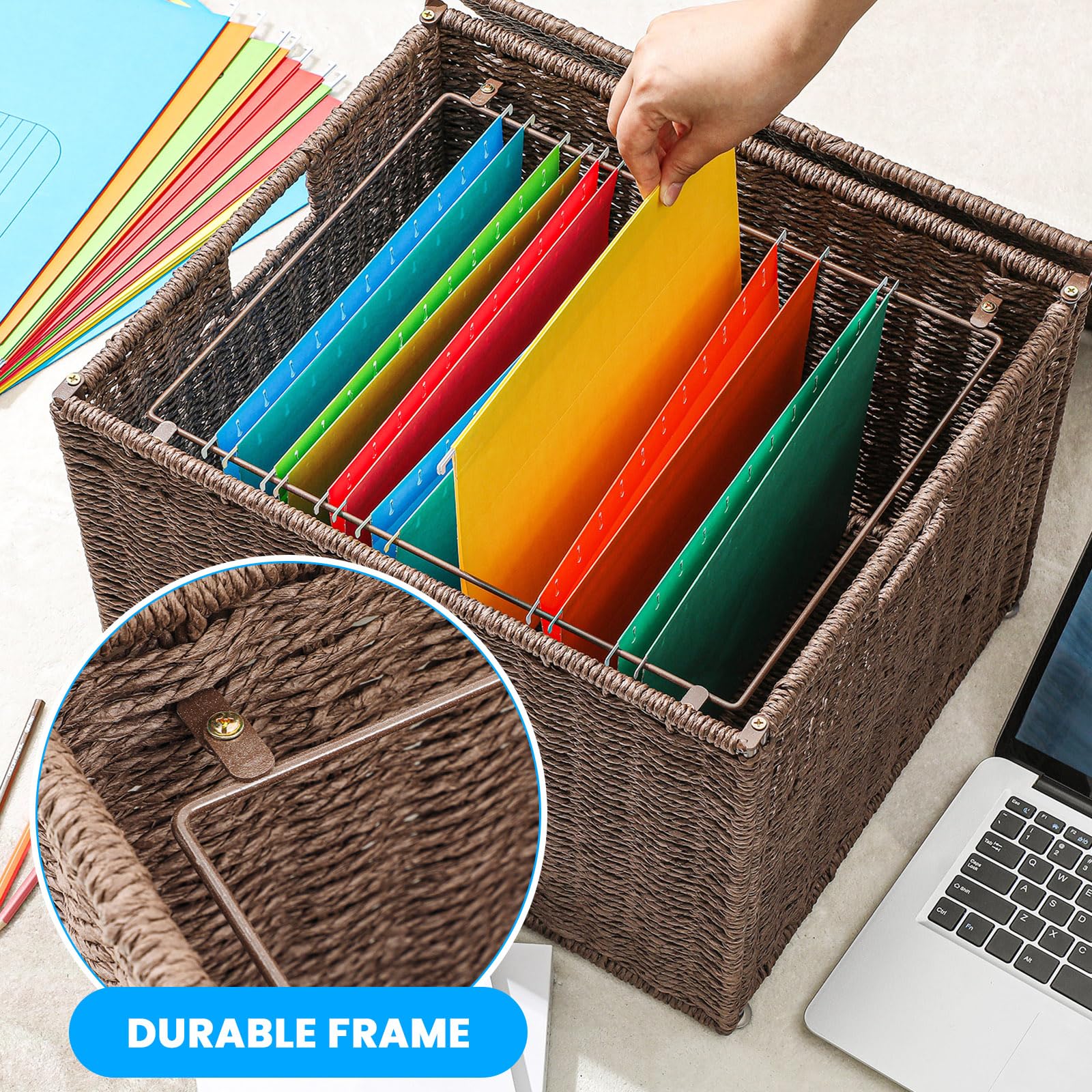Caja de archivos decorativa extra grande de junco marino, organizadores colgantes para tamaño carta y legal, archivador colgante con tapa, caja de carpetas de documentos para decoración del hogar y la