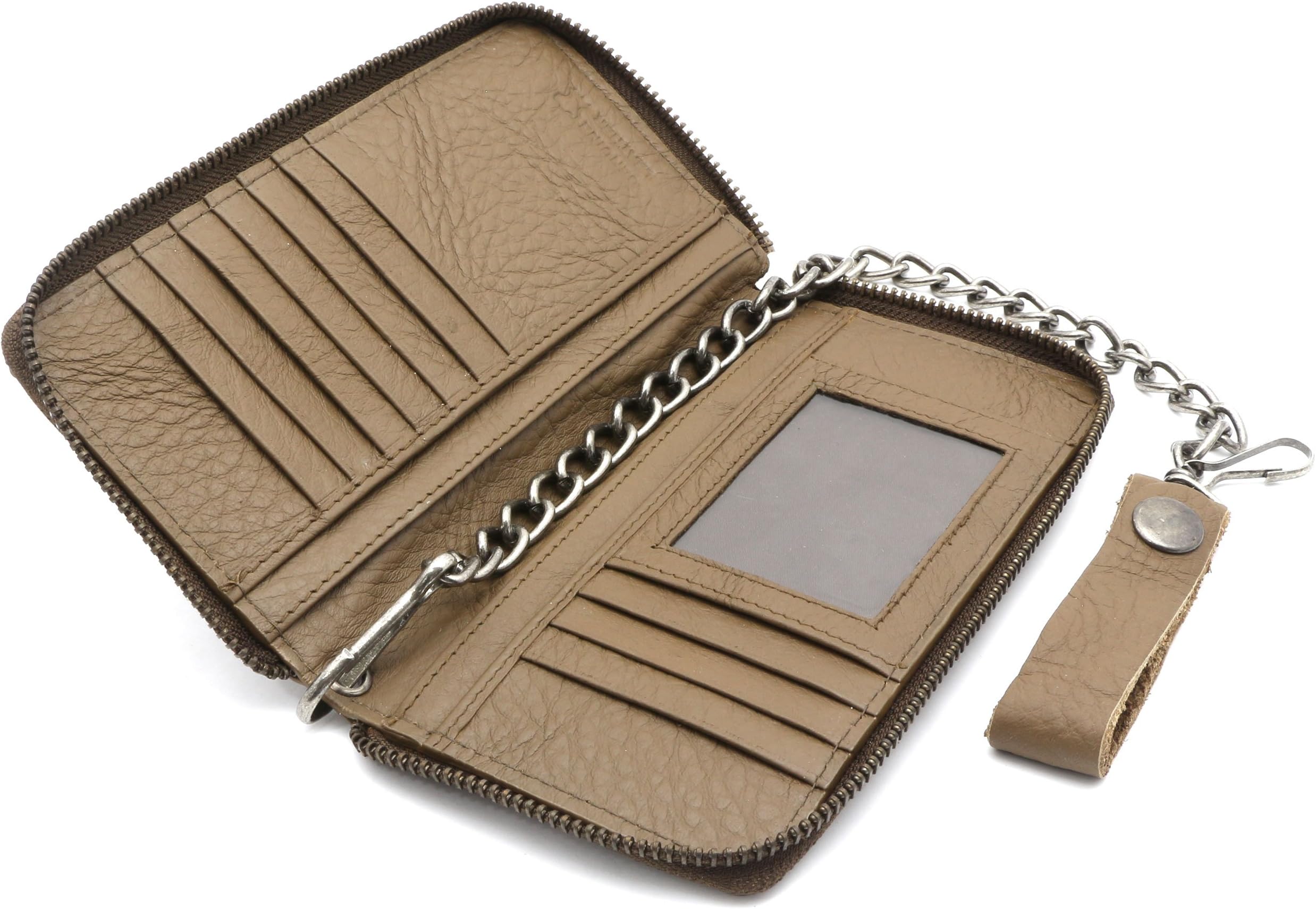 Bifold Light Brown Genuine Leather Checkbook Holder Zip-around Wallet w/a Chain