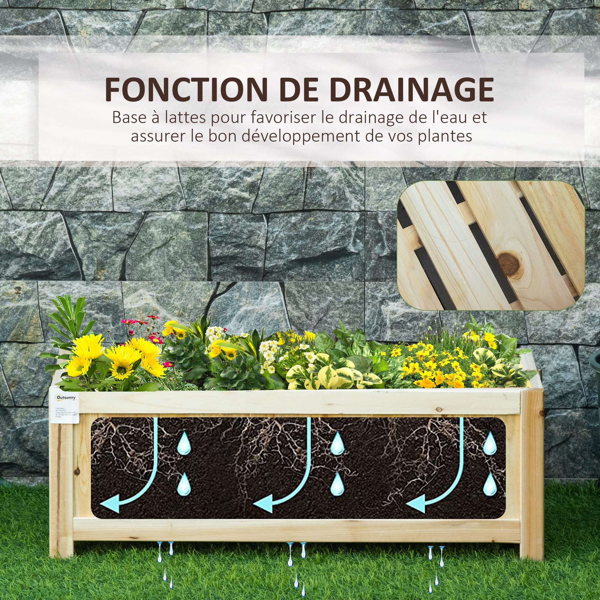 Outsunny Jardinière sur Pied Pliable bac à Fleurs dim. 70L x 30l x 25H cm Corps Aspect Lattes Bois Sapin pré-huilé